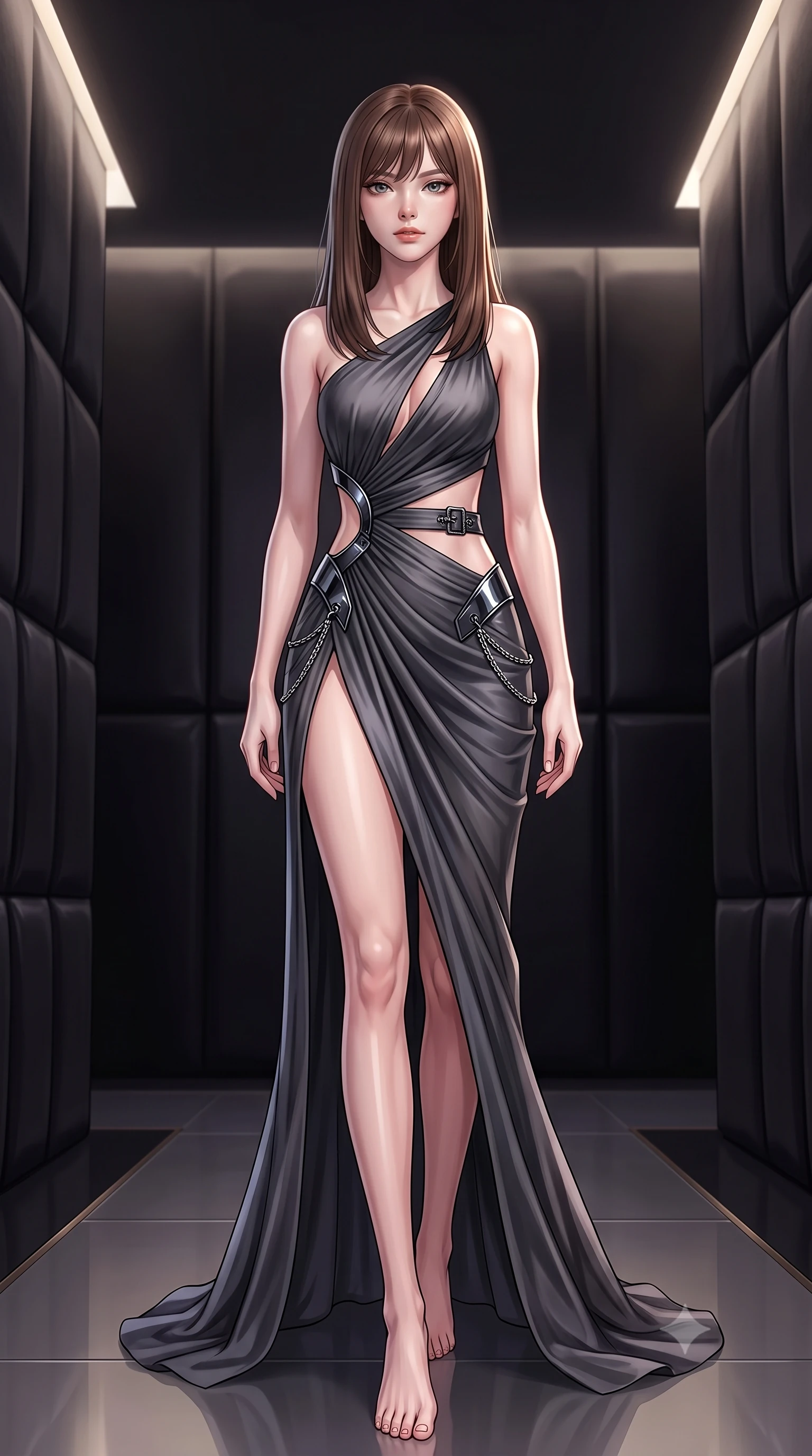 score_9, masterpiece, best quality, ultra-detailed, high-budget anime keyframe, editorial fashion photography, tasteful artistic composition, Korean woman. low angle full-body shot from head to toe showing her feet, filling the entire 9:16 vertical frame with her statuesque presence, stretching her vertical silhouette. stepping gracefully through the luxurious environment, stretching her statuesque silhouette, glancing at the viewer with an air of effortless superiority and allure, dark padded walls absorbing surrounding ambient light into pitch-black focus. She has an absolutely perfect, statuesque 8.5-heads proportion, an exceptionally tall and slender model-like female figure with impossibly long slender legs and an ultra-slim waist. sharp v-shaped jawline, high-bridge nose, intricate jewel-like eyes with depth, thick eyelashes, glossy lips with a natural sheen. wearing draped obsidian silk gown featuring tasteful waist slit cutouts in dark charcoal gray, made of sculpted obsidian metallic chrome, framed by dark titanium buckles and silver chain details, highlighting her statuesque proportions and ultra-slim waistline. surrounded by a high-gloss metallic sheen with crisp rim lighting. highly saturated vibrant anime colors, detailed shading with soft gradients, rich glossy textures, high-contrast stereoscopic depth, volumetric dynamic lighting, master piece, 9:16 ratio