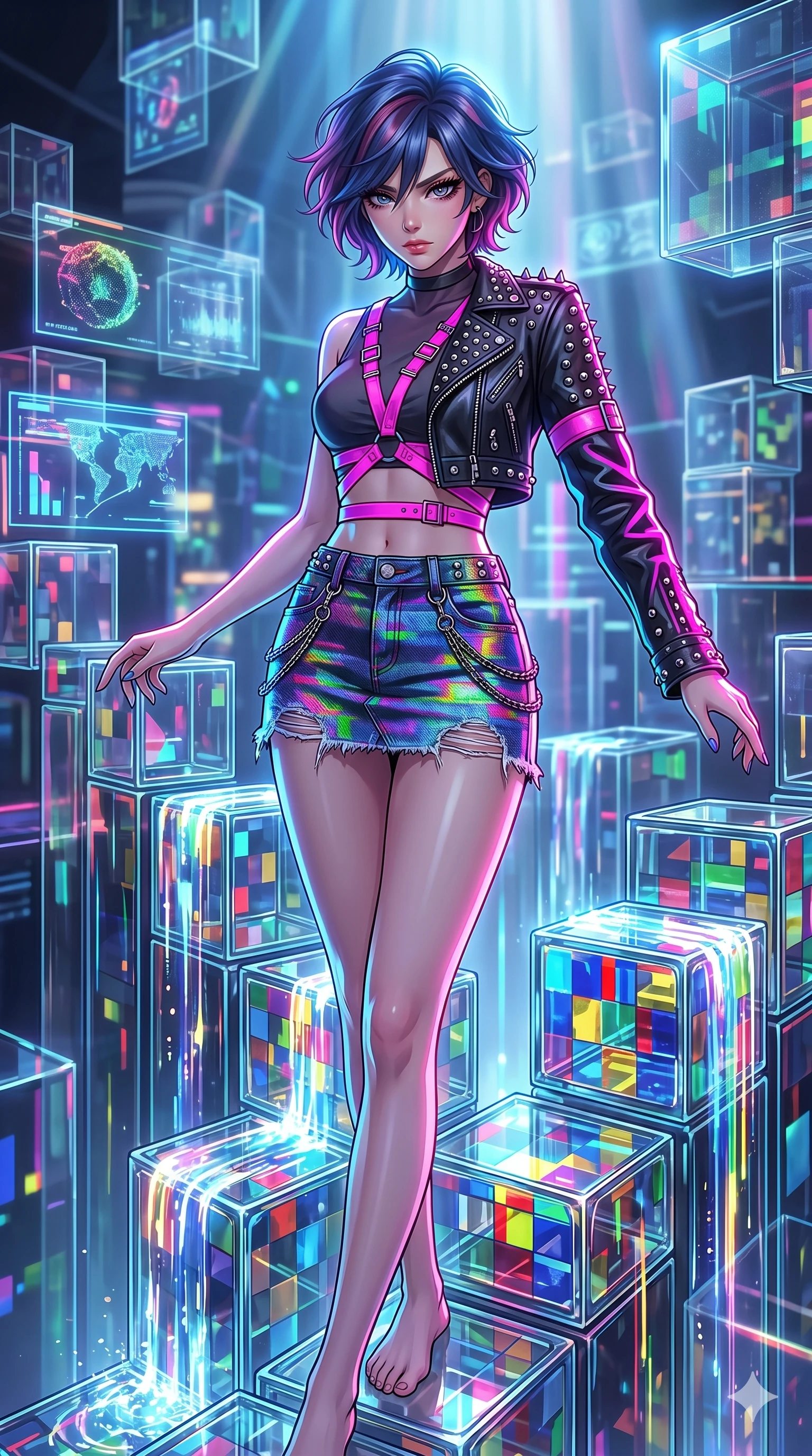 score_9, masterpiece, best quality, ultra-detailed, high-budget anime keyframe, Japanese woman. upper body close-up from the thighs up, character filling the screen for maximum presence. balancing on cubist glass blocks that cascade like a waterfall, reflecting complex mosaic patterns and primary colors. She has an absolutely perfect 8-heads proportion, an exceptionally tall and slender female figure with impossibly long slender legs and an ultra-slim waist. V-shaped jawline, high-bridge nose, intricate jewel-like eyes with depth, thick eyelashes, glossy lips with a natural sheen.. wearing a glitch denim and studded leather outfit, featuring an RGB glitch pattern denim micro-skirt, a single-sleeve cropped leather jacket, and neon pink harness straps. bathed in brilliant cinematic volumetric lighting and intense neon rim light highlighting her slender form. 2k, ultra detail, master piece, 9:16 ratio