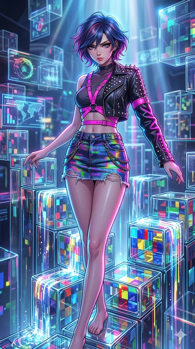 score_9, masterpiece, best quality, ultra-detailed, high-budget anime keyframe, Japanese woman. upper body close-up from the thighs up, character filling the screen for maximum presence. balancing on cubist glass blocks that cascade like a waterfall,