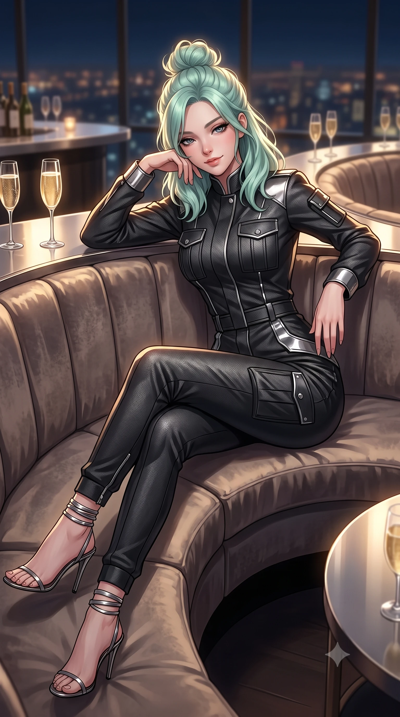 score_9, masterpiece, best quality, ultra-detailed, high-budget anime keyframe, editorial fashion photography, tasteful artistic composition, Japanese woman. close-up cowboy shot from the waist and thighs up, the character dominates the composition, filling the frame with her large presence. leaning back against the balustrade with relaxed seductive grace, head tilted back slightly while casting a hypnotic, heavy-lidded gaze while lounging gracefully across the sculptural circular velvet booth propped on one elbow with legs extended, displaying her long slender limbs and statuesque hourglass silhouette. The background shows a soft-focus champagne bubble glasses on polished counters softened in ultra-exclusive high-altitude skybar shallow focus. She has an exceptionally elegant, slender, and willowy female figure with an ultra-slim waist, flat toned midriff, narrow ribcage, and sculpted feminine hips creating an alluring, slim hourglass silhouette without bulk. sharp v-shaped jawline, high-bridge nose, intricate jewel-like sparkling eyes with depth, thick eyelashes, glossy parted lips with a natural peach sheen, bright cheerful beaming smile with an enchanting and coquettish sensual glint, exuding both youthful cute charm and seductive allure, flawlessly proportioned anatomical accuracy, strict slender model proportions, natural body alignment, perfectly sculpted long slender limbs, ultra-slim waistline, clean dynamic posture without body distortion. wearing a tailored high-tech safari suit with storm flaps and streamlined utility pockets in matte carbon finish in matte carbon fiber black and polished chrome, tailored from high-density tech-wool with subtle metallic thread weave, complemented by strappy stiletto sandals with metallic ankle wraps accentuating her slender calves, the impeccably tailored cut draping gracefully along her slender figure with aristocratic poise. illuminated by chrome bar reflection bounce and sharp champagne-gold rim lights defining her razor-sharp jawline, narrow waist, and curvy hips. ultra-reflective glossy finish, specular highlights, rich textural contrasts, high-contrast stereoscopic depth, volumetric dynamic lighting, 2k, ultra detail, master piece, 9:16 ratio