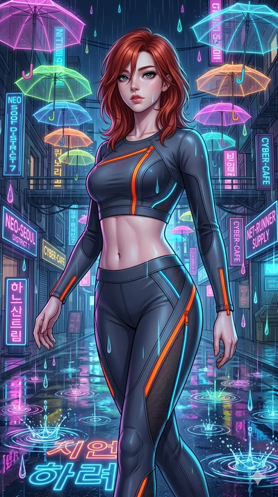 score_9, masterpiece, best quality, ultra-detailed, high-budget anime keyframe, Korean woman. upper body close-up from the thighs up, character filling the screen for maximum presence. navigating a wet neon-lit future street under colorful floating u