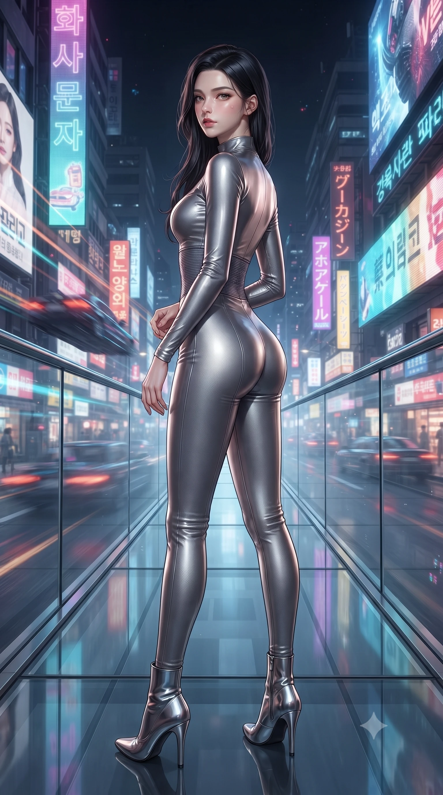 score_9, masterpiece, best quality, ultra-detailed, high-budget anime keyframe, editorial fashion photography, tasteful artistic composition, Korean woman. low angle full-body shot from head to toe showing her feet, filling the entire 9:16 vertical frame with her statuesque presence, stretching her vertical silhouette. walking slowly along a glass skybridge, looking back over her shoulder with an air of effortless grace, the background shows a soft-focus a bustling future metropolis street with towering holographic advertisements. She has an absolutely perfect, statuesque 8.5-heads proportion, an exceptionally tall and slender model-like female figure with impossibly long slender legs and an ultra-slim waist. sharp v-shaped jawline, high-bridge nose, intricate jewel-like eyes with depth, thick eyelashes, glossy lips with a natural sheen. wearing a body-hugging body-hugging titanium-sheen mock-neck bodysuit, featuring elastic compression panels at the waist. dynamic flashing lights from passing hover-cars casting moving shadows on her face. ultra-reflective glossy finish, specular highlights, metallic sheen, high-contrast stereoscopic depth, volumetric dynamic lighting, 2k, ultra detail, master piece, 9:16 ratio
