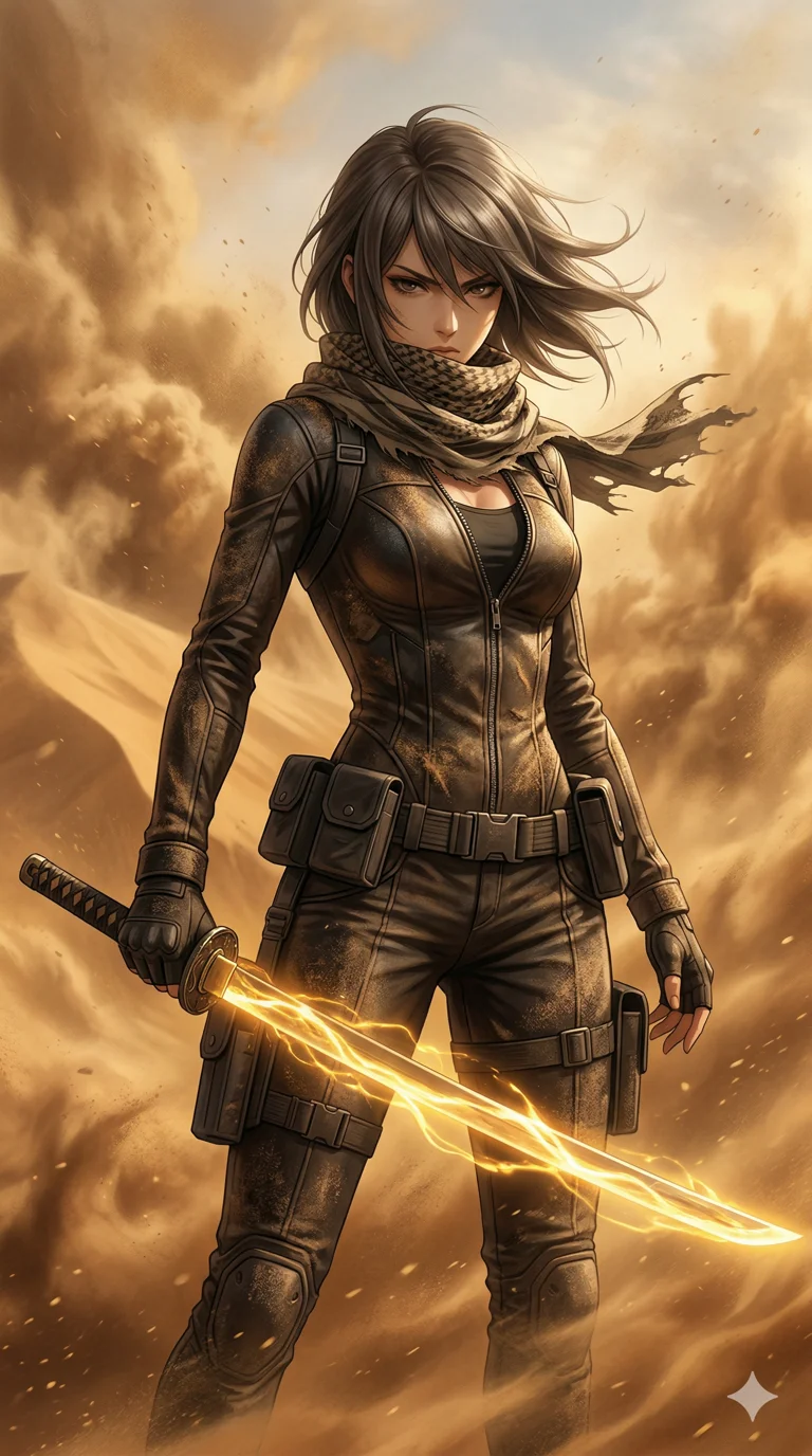 score_9, masterpiece, best quality, ultra-detailed, semi-realistic high-budget anime keyframe, an incredibly beautiful Japanese woman. Low angle cowboy shot filling the frame. She is a desert assassin in a sandstorm, her katana glowing with golden energy. She has an absolutely perfect 8-heads proportion, an exceptionally tall and slender female figure with long slender legs. Her face is a masterpiece with ash brown hair and intense eyes. She is wearing a form-fitting synthetic leather suit, unzipped deeply, highlighting her alluring silhouette. Golden sand and dramatic shadows, dramatic rim lighting, radiant glowing skin, 2k, ultra detail, master piece, 9:16 ratio