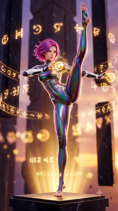 score_9, masterpiece, best quality, ultra-detailed, high-budget anime keyframe, semi-realistic 3D game render, editorial fashion photography, tasteful artistic composition, Caucasian woman. low angle full-body shot from head to toe showing her feet, 