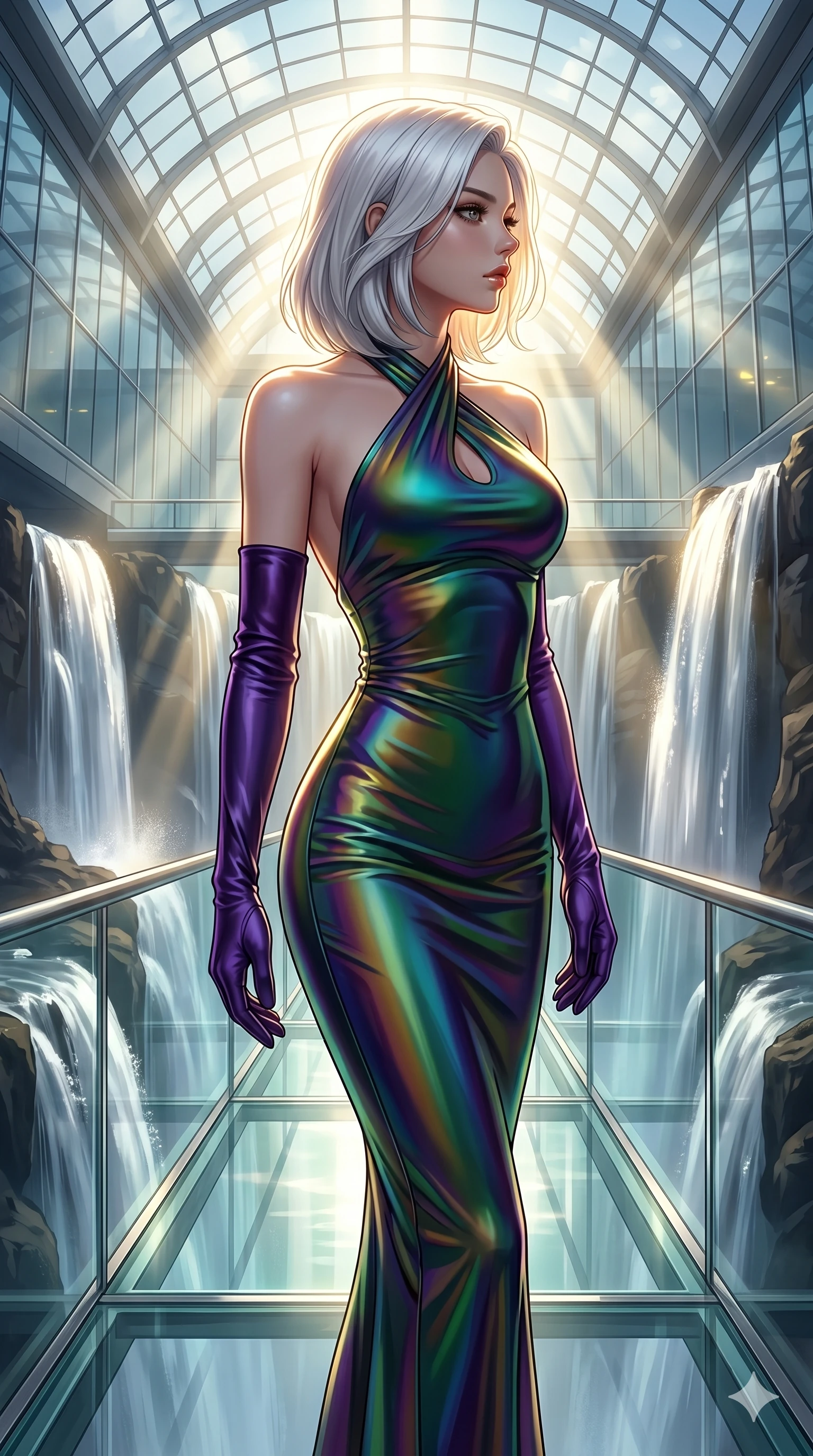 score_9, masterpiece, best quality, ultra-detailed, high-budget anime keyframe, editorial fashion photography, tasteful artistic composition, Korean woman. cowboy shot from the thighs up, character and outfit filling the frame for maximum editorial presence. Turning her face in sharp dramatic profile against the light on a glass bridge spanning cascading liquid silver waterfalls. She has an absolutely perfect 8-heads proportion, an exceptionally tall and slender female figure with impossibly long slender legs and an ultra-slim waist. V-shaped jawline, high-bridge nose, intricate jewel-like eyes with depth, thick eyelashes, glossy lips with a natural sheen. wearing a full-body iridescent color-shifting bodycon dress in oil-slick dark rainbow with a bold halter neckline and open-back design, paired with dramatic elbow-length satin opera gloves in coordinating deep violet. drenched in cinematic god-ray sunlight descending from a vaulted glass ceiling, illuminating her form. 2k, ultra detail, master piece, 9:16 ratio
