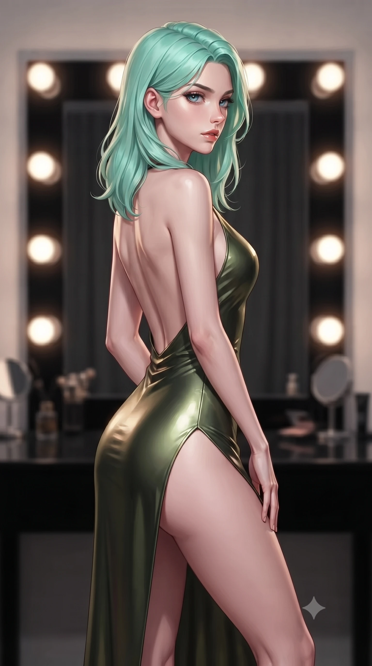 score_9, masterpiece, best quality, ultra-detailed, high-budget anime keyframe, editorial fashion photography, tasteful artistic composition, Japanese woman woman. close-up cowboy shot from the waist and thighs up, the character dominates the composition, filling the frame with her large presence, background elements kept in soft focus. turning her face in sharp profile, casting a cold, mysterious, yet intensely alluring side gaze, the background shows a soft-focus a private dressing room with a vanity mirror of black glass and warm round lightbulbs. She has an exceptionally elegant, slender, and willowy female figure with an ultra-slim waist, a gracefully sculpted slender torso, and a refined silhouette. sharp v-shaped jawline, high-bridge nose, intricate jewel-like eyes with depth, thick eyelashes, glossy lips with a natural sheen. wearing a form-contouring dramatic open-back maxi dress in olive green, featuring a high thigh slit. bright vanity spotlights casting clear, detailed front lighting and soft back shadow. ultra-reflective glossy finish, specular highlights, metallic sheen, high-contrast stereoscopic depth, volumetric dynamic lighting, 2k, ultra detail, master piece, 9:16 ratio