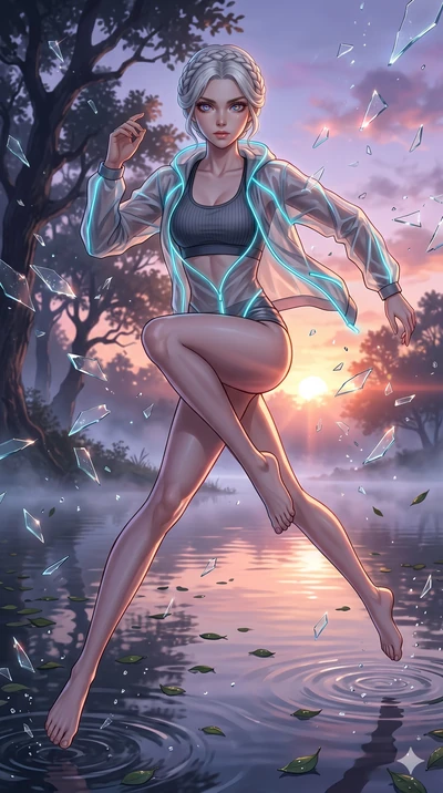 score_9, masterpiece, best quality, ultra-detailed, Set A: High-budget Anime Keyframe, Caucasian (strictly human ears) woman. Low angle cowboy shot filling the entire 9:16 frame with her statuesque presence. Leaping through a misty lakeside at dawn, 