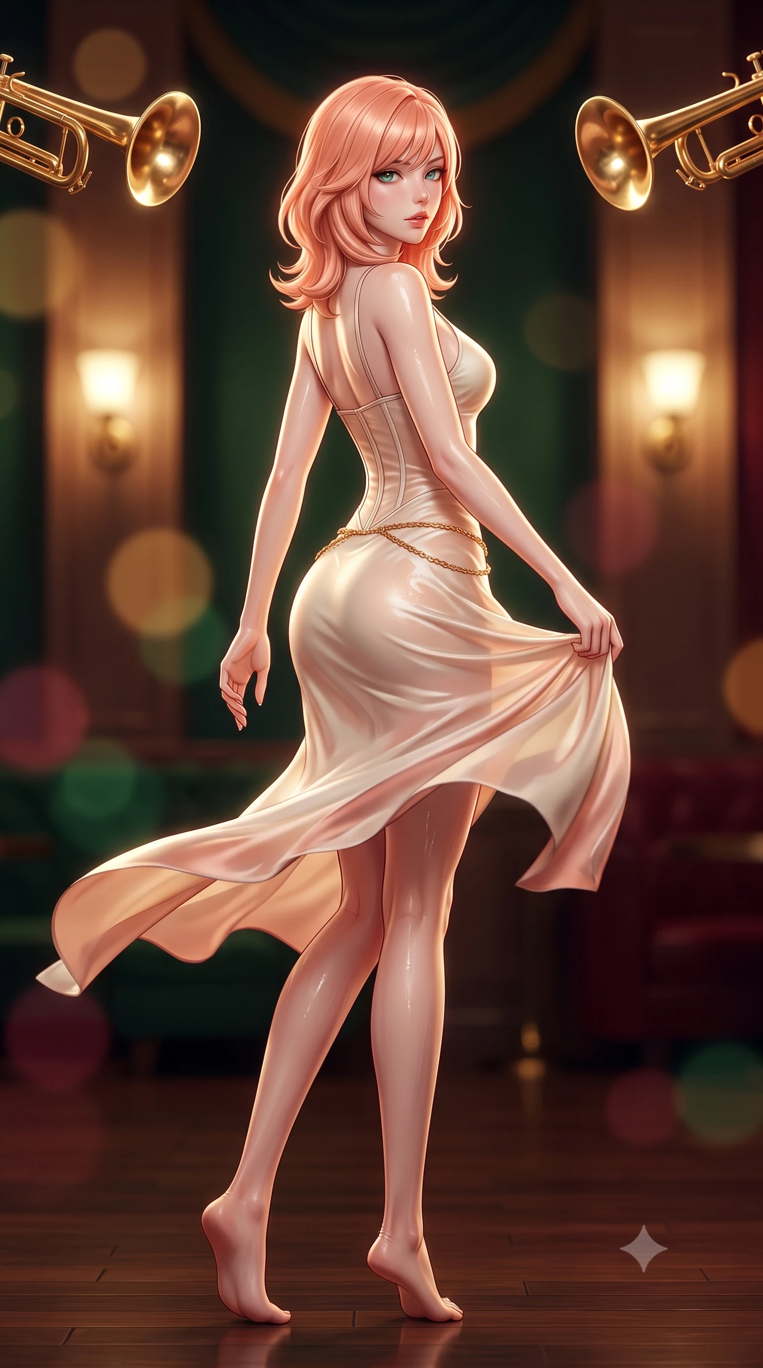 score_9, masterpiece, best quality, ultra-detailed, high-budget anime keyframe, semi-realistic 3D game render, editorial fashion photography, tasteful artistic composition, Japanese woman. low angle full-body shot from head to toe showing her feet, filling the entire 9:16 vertical frame with her statuesque presence, stretching her vertical silhouette. executing an elegant mid-motion pivot turn as garments swirl around her slender limbs, glancing over her shoulder with an intoxicating bedroom-gaze while gliding across the polished dark walnut dance floor with supermodel momentum, her dress tightly hugging her feminine curves. The composition keeps background elements in soft focus with creamy bokeh. golden jazz trumpet bells and glowing wall sconces blurred into warm whiskey-gold, deep emerald, and burgundy bokeh. She has an exceptionally tall and slender model-like 8.5-heads proportion, an ultra-slim waist, a flat toned midriff, narrow delicate ribcage, and beautifully sculpted feminine hips creating a graceful, slim hourglass silhouette without any bulky heaviness, with impossibly long slender legs. sharp v-shaped jawline, high-bridge nose, intricate jewel-like eyes with depth, thick eyelashes, glossy parted lips with a natural sheen, intensely captivating and seductive bedroom-eyes expression, flawlessly proportioned anatomical accuracy, strict slender model proportions, natural body alignment, perfectly sculpted long slender limbs, ultra-slim waistline, clean dynamic posture without body distortion. wearing a delicate semi-translucent silk yukata that clings to her wet skin and curvy hip contours in vintage champagne ivory and delicate rose gold, made of fluid silk crepe with delicate inner corsetry boning, accented with a delicate gold chain belt resting loosely on her curvy hips, the form-contouring material adhering flawlessly to her sculpted flat midriff and slender torso, emphasizing her long leg lines and perfectly proportioned willowy build. illuminated by rich specular rim lights defining her razor-sharp jawline, narrow waist, and curvy hips. highly saturated vibrant anime colors, detailed shading with soft gradients, rich glossy textures, high-contrast stereoscopic depth, volumetric dynamic lighting, master piece, 9:16 ratio