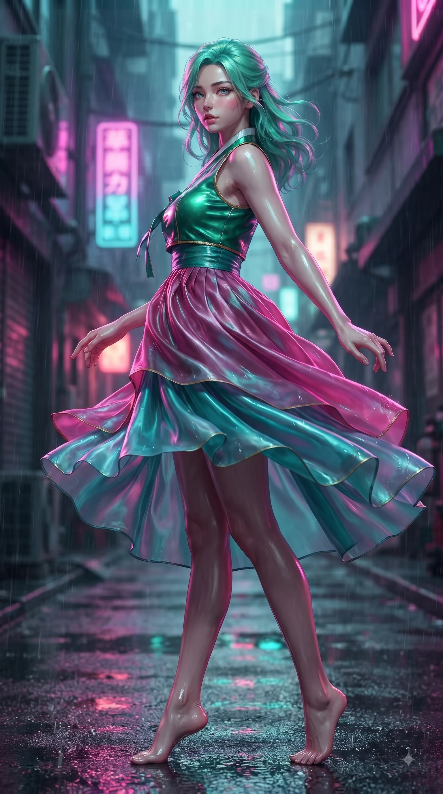 score_9, masterpiece, best quality, ultra-detailed, high-budget anime keyframe, editorial fashion photography, tasteful artistic composition, Japanese woman woman. low angle full-body shot from head to toe showing her feet, filling the entire 9:16 vertical frame with her statuesque presence, stretching her vertical silhouette. She has an absolutely perfect, statuesque 8.5-heads proportion, an exceptionally tall and slender model-like female figure with impossibly long slender legs and an ultra-slim waist. turning fluidly while glancing back over her shoulder with magnetic intensity and statuesque grace, flawlessly proportioned anatomical accuracy, natural body alignment, perfectly sculpted elegant limbs, clean dynamic posture without body distortion. set against a soft-focus background of a cyberpunk alley with wet asphalt reflecting rain. wearing a modern fusion silk hanbok dress with a structured emerald bodice and flowing layered skirt. drenched in wet neon reflections of magenta and turquoise casting glossy specular highlights. ultra-reflective glossy finish, specular highlights, metallic sheen, high-contrast stereoscopic depth, volumetric dynamic lighting, 2k, ultra detail, master piece, 9:16 ratio