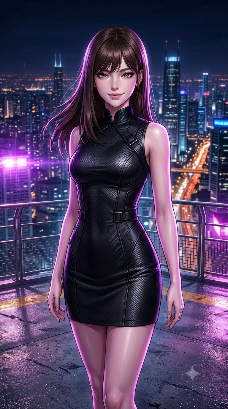 score_9, masterpiece, best quality, ultra-detailed, high-budget anime keyframe, semi-realistic 3D game render, editorial fashion photography, tasteful artistic composition, Korean woman. close-up cowboy shot from the waist and thighs up, the character dominates the composition, filling the frame with her large presence. smiling with quiet, magnetic self-assurance directly into the camera with heavy-lidded sparkling eyes while standing tall at the outer edge of the summit helipad, arching her lower back to emphasize her hourglass curves against the sprawling midnight metropolis. The surrounding environment is rendered in vivid detail and crisp panoramic clarity: detailed wet-look vinyl bodysuit cling, tactical hardware buckles, and mega-engineering structures in razor-sharp precision. She has an exceptionally elegant, slender, and willowy female figure with an ultra-slim waist, flat toned midriff, narrow ribcage, and sculpted feminine hips creating an alluring, slim hourglass silhouette without bulk. sharp v-shaped jawline, high-bridge nose, intricate jewel-like dark sparkling eyes with hypnotic seductive depth, thick curled eyelashes, glossy parted lips with a natural wine sheen, alluring bedroom-eyes with an enigmatic smoldering smile, exuding magnetic sovereign charisma and dark avant-garde glamour, flawlessly proportioned anatomical accuracy, strict slender model proportions, natural body alignment, perfectly sculpted long slender limbs, ultra-slim waistline, clean dynamic posture without body distortion. wearing a structured obsidian brocade evening dress with high mandarin collar in pure obsidian monochrome with subtle metallic sheen, woven from matte carbon-fiber weave with high-tech structural hold, adorned with minimalist black onyx hardware framing the silhouette, the bespoke structured tailoring following the natural line of her 8.5-heads silhouette with refined elegance. bathed in rhythmic pulsing violet strobe flashes contrasted with ambient city light glow. highly saturated vibrant anime colors, detailed shading with soft gradients, rich glossy textures, high-contrast stereoscopic depth, volumetric dynamic lighting, master piece, 9:16 ratio