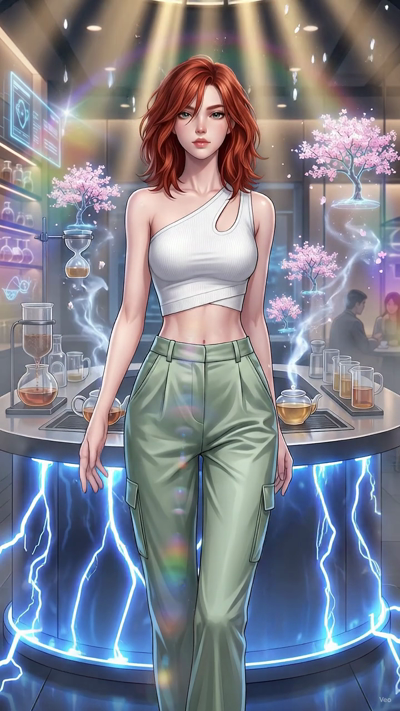 A cinematic anime-style video. The scene fills with a gentle mist and tiny water droplets drifting through the warm air. Volumetric sunbeams stream through the greenhouse dome, creating shimmering rainbow lens flares that rotate slowly. The character