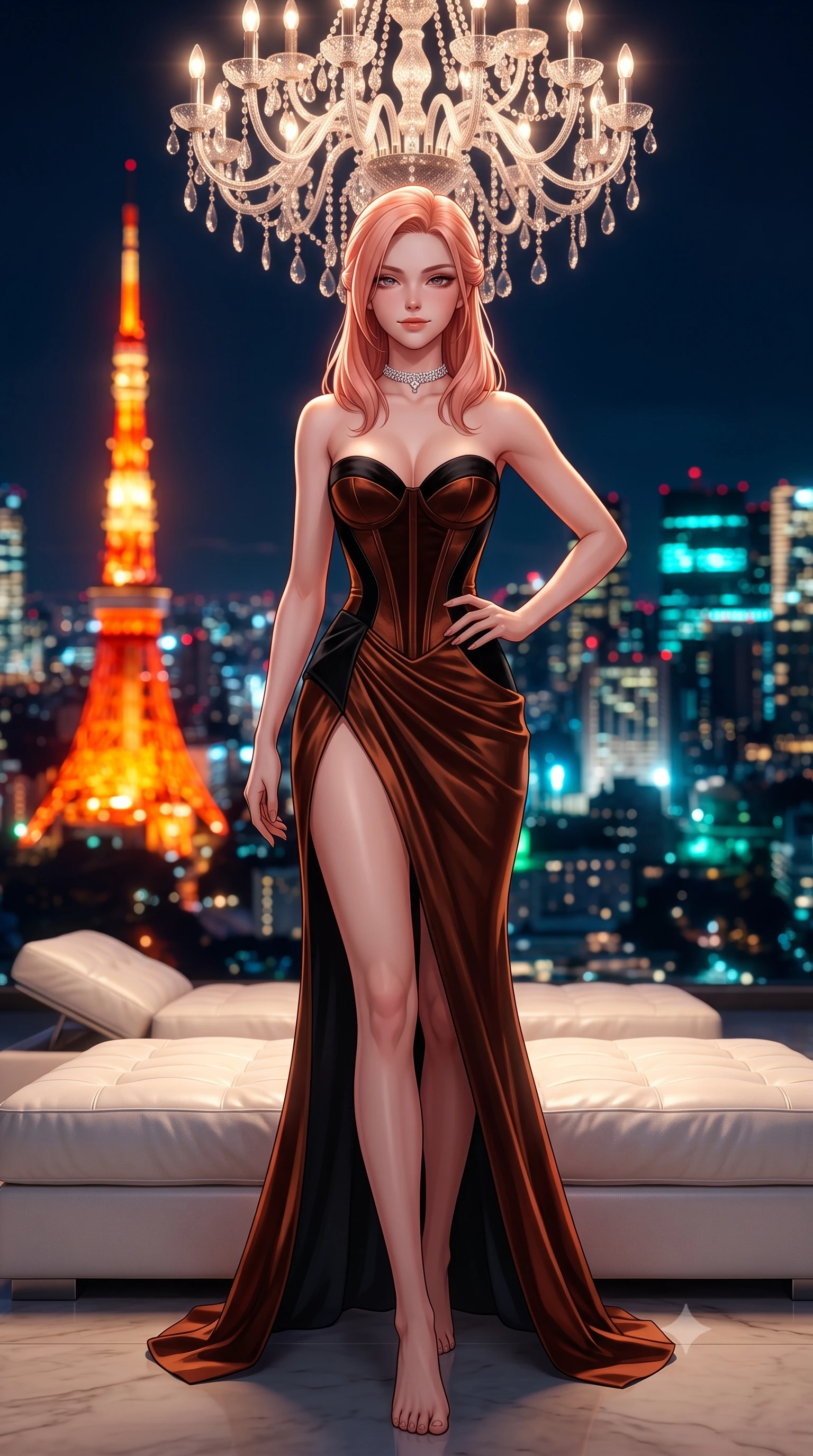 score_9, masterpiece, best quality, ultra-detailed, high-budget anime keyframe, semi-realistic 3D game render, editorial fashion photography, tasteful artistic composition, Japanese woman. low angle full-body shot from head to toe showing her feet, filling the entire 9:16 vertical frame with her statuesque presence, stretching her vertical silhouette. pausing mid-stride beneath the grand chandelier with one hand resting on her narrow waist, her arched hips and statuesque 8.5-heads presence commanding the 9:16 vertical frame while reclining gracefully on an oversized white leather daybed under the open midnight sky, her long slender legs and hourglass curves commanding the frame. The composition keeps background elements in soft focus with dreamy creamy bokeh. the fiery orange beacon of Tokyo Tower and dense megalopolis sea of lights blurred into brilliant scarlet, amber, and electric cyan bokeh. She has an exceptionally tall and slender model-like 8.5-heads proportion, an ultra-slim waist, a flat toned midriff, narrow delicate ribcage, and beautifully sculpted feminine hips creating a graceful, slim hourglass silhouette without any bulky heaviness, with impossibly long slender legs. sharp v-shaped jawline, high-bridge nose, intricate jewel-like dark sparkling eyes with dangerous depth, thick curled eyelashes, glossy parted lips with a rich wine sheen, smoldering seductive half-smile with bedroom-eyes, exuding effortless superiority and intoxicating dark allure, flawlessly proportioned anatomical accuracy, strict slender model proportions, natural body alignment, perfectly sculpted long slender limbs, ultra-slim waistline, clean dynamic posture without body distortion. wearing a sculpted strapless velvet corset gown with an hourglass bodycon silhouette and high front leg slit in dark burnt copper and matte black, crafted from heavy fluid silk satin with a liquid mirror-like drape, finished with a delicate diamond choker catching the chandelier light, the form-contouring cut accentuating her sculpted flat midriff, narrow delicate ribcage, and gracefully curvy hips with sovereign high-fashion precision. bathed in the warm radiant scarlet and orange glow of Tokyo Tower contrasted with deep midnight navy skies. highly saturated vibrant anime colors, detailed shading with soft gradients, rich glossy textures, high-contrast stereoscopic depth, volumetric dynamic lighting, master piece, 9:16 ratio