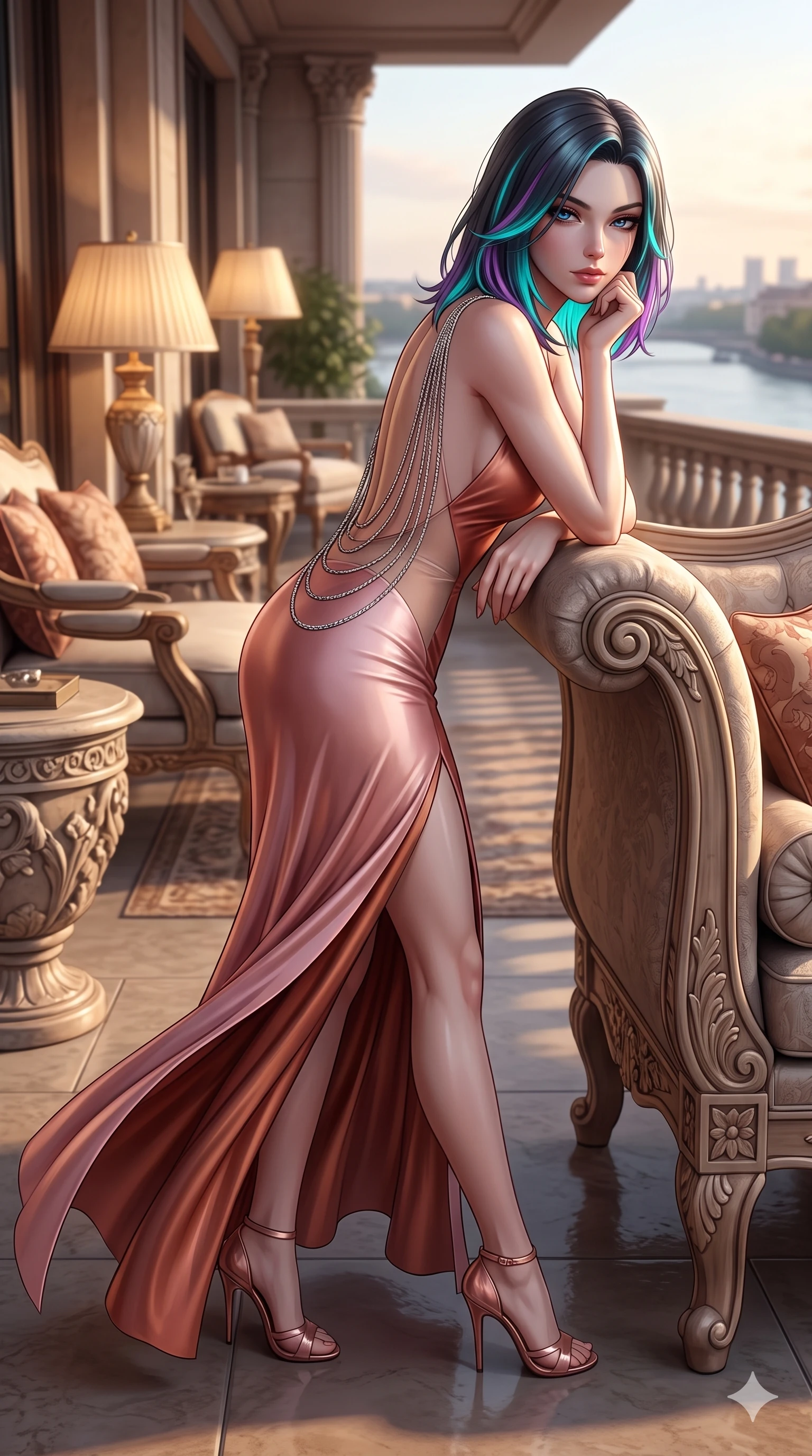 score_9, masterpiece, best quality, ultra-detailed, high-budget anime keyframe, semi-realistic 3D game render, editorial fashion photography, tasteful artistic composition, Caucasian woman. low angle full-body shot from head to toe showing her feet, filling the entire 9:16 vertical frame with her statuesque presence, stretching her vertical silhouette. striding across the penthouse terrace as river breezes whip her high-slit dress open, accentuating her long slender legs and curvy hips while resting one elbow on the carved settee armrest and supporting her chin, leaning close to the camera with heavy-lidded smoldering bedroom-eyes. The surrounding environment is rendered in vivid detail and crisp panoramic clarity: detailed mermaid gown tailoring, open-waist architecture, and aristocratic interior furnishings in razor-sharp precision. She has an exceptionally tall and slender model-like 8.5-heads proportion, an ultra-slim waist, a flat toned midriff, narrow delicate ribcage, and beautifully sculpted feminine hips creating a graceful, slim hourglass silhouette without any bulky heaviness, with impossibly long slender legs. sharp v-shaped jawline, high-bridge nose, intricate jewel-like sparkling eyes with depth, thick eyelashes, glossy parted lips with a natural sheen, intensely captivating and seductive bedroom-eyes expression, exuding both youthful cute charm and sovereign luxury allure, flawlessly proportioned anatomical accuracy, strict slender model proportions, natural body alignment, perfectly sculpted long slender limbs, ultra-slim waistline, clean dynamic posture without body distortion. wearing a liquid-silk jersey evening gown with an ultra-deep plunging open back descending to the base of her spine and a sculpted hip-hugging skirt in rose-quartz blush and burnished copper, featuring strategic sheer-illusion tulle side panels framing her ribcage and hips, accented with an open-back drape framed by falling strands of delicate chrome chains, the glove-like clinging cut tightly following the natural contour of her hips and long slender legs with youthful 8.5-heads elegance. bathed in the soft, intimate warm 2700K ambient light of silk-shaded table lamps mixed with angled window sunbeams. highly saturated vibrant anime colors, detailed shading with soft gradients, rich glossy textures, high-contrast stereoscopic depth, volumetric dynamic lighting, master piece, 9:16 ratio