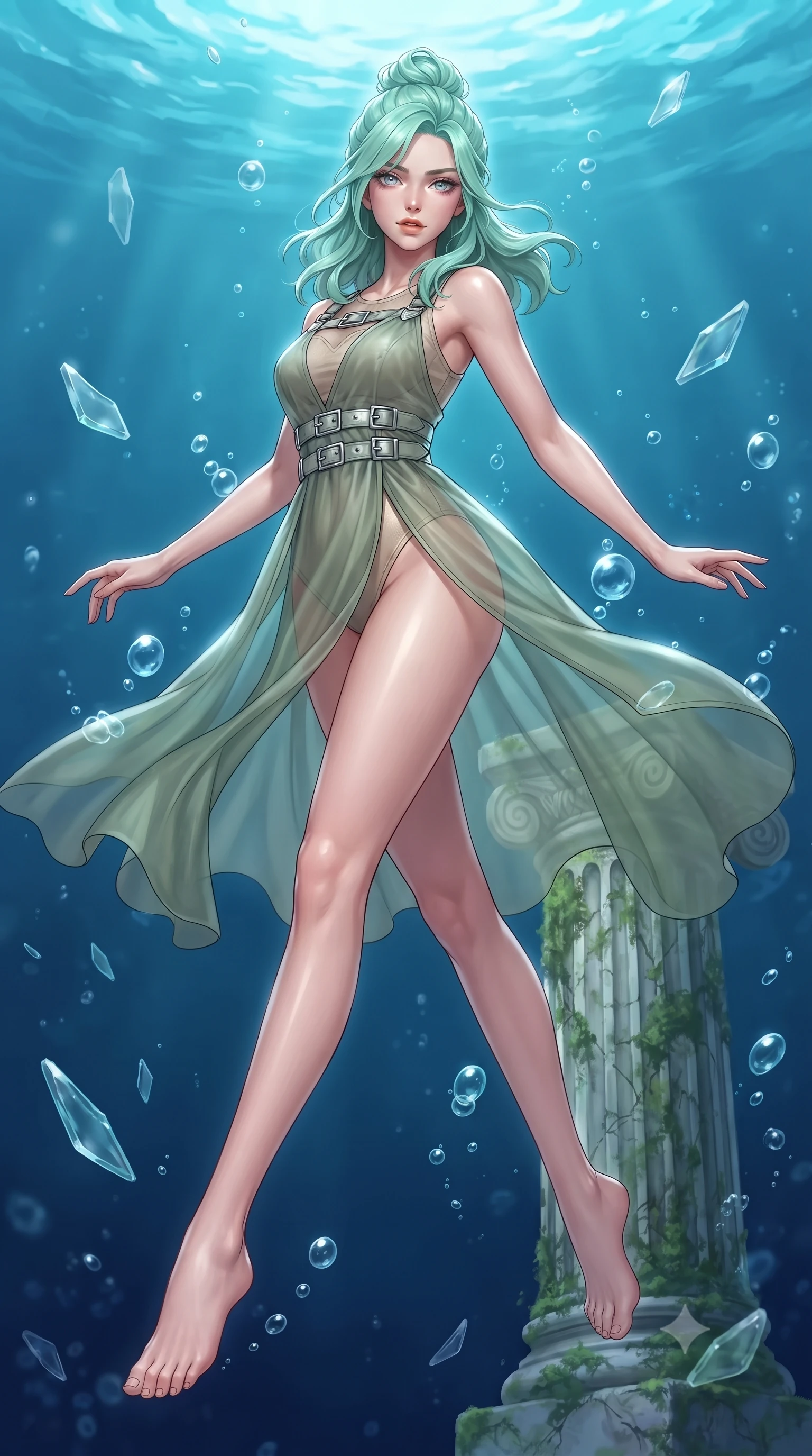 score_9, masterpiece, best quality, ultra-detailed, high-budget anime keyframe, editorial fashion photography, tasteful artistic composition, Japanese woman. low angle full-body shot from head to toe showing her feet, filling the entire 9:16 vertical frame with her statuesque presence, stretching her vertical silhouette. leaping gracefully through the environment with statuesque elegance and long slender legs resting against an antique marble pillar as gentle sea bubbles rise around her, translucent sea glass fragments drifting gracefully around her. She has an absolutely perfect, statuesque 8.5-heads proportion, an exceptionally tall and slender model-like female figure with impossibly long slender legs and an ultra-slim waist. sharp v-shaped jawline, high-bridge nose, intricate jewel-like eyes with depth, thick eyelashes, glossy lips with a natural sheen. wearing a semi-opaque sheer overlay dress over a leather micro-bodysuit in sage green and oatmeal, crafted from smooth liquid silk, detailed with polished silver buckles along the waistline, the tailored fabric tightly following every curve of her athletic build. surrounded by a shimmering ocean aura with bright pearl-white rim lights. highly saturated vibrant anime colors, detailed shading with soft gradients, rich glossy textures, high-contrast stereoscopic depth, volumetric dynamic lighting, master piece, 9:16 ratio