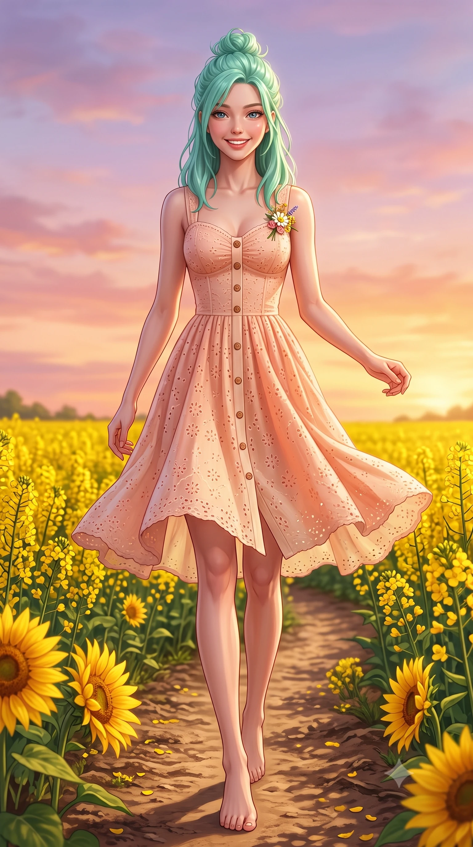 score_9, masterpiece, best quality, ultra-detailed, high-budget anime keyframe, semi-realistic 3D game render, editorial fashion photography, tasteful artistic composition, Japanese woman. low angle full-body shot from head to toe showing her feet, filling the entire 9:16 vertical frame with her statuesque presence, stretching her vertical silhouette. performing a cheerful mid-motion turn with effortless poise, her skirt fluttering softly as she smiles into the camera while walking gracefully along a winding dirt path bordered by golden canola blooms as the sunset paints the sky in pastel hues. The surrounding environment is rendered in vivid detail and crisp panoramic clarity. intricate sunflower petals, golden pollen details, and textured soil pathways rendered in deep focus. She has an absolutely perfect, statuesque 8.5-heads proportion, an exceptionally tall and slender model-like female figure with impossibly long slender legs, a toned flat midriff, and an ultra-slim waist. sharp v-shaped jawline, high-bridge nose, intricate jewel-like eyes with depth, thick eyelashes, glossy lips with a natural sheen, pure and lovely fresh girlhood expression, flawlessly proportioned anatomical accuracy, strict slender model proportions, natural body alignment, perfectly sculpted long slender limbs, ultra-slim waistline, clean dynamic posture without body distortion. wearing an airy eyelet lace cotton midi dress with a sweetheart neckline and wooden front buttons in warm peach blossom pink and champagne ivory, made of fine lightweight chiffon with a soft fluid drape, complemented by a delicate wildflower corsage pinned to the lapel, the body-hugging lightweight knit clinging delicately to her slender torso, accentuating her graceful neck and feminine lines. illuminated by soft amber fill light highlighting her glowing complexion and joyful smile. highly saturated vibrant anime colors, detailed shading with soft gradients, rich glossy textures, high-contrast stereoscopic depth, volumetric dynamic lighting, master piece, 9:16 ratio