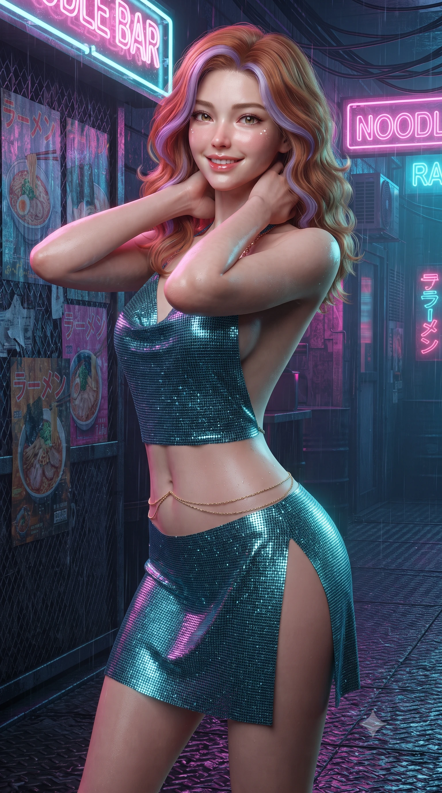 score_9, masterpiece, best quality, ultra-detailed, high-budget anime keyframe, editorial fashion photography, tasteful artistic composition, Caucasian woman. close-up cowboy shot from the waist and thighs up, the character dominates the composition, filling the frame with her large presence. resting both hands lightly behind her neck with elbows raised, arching her spine to highlight her narrow waist, flat midriff, and breathtaking collarbones while twisting her slender torso in an alluring contrapposto stance, flashing pink and cyan holographic noodle bar signs casting vibrant reflections on her narrow waist and hips. The surrounding environment is rendered in vivid detail and crisp panoramic clarity: sharp wet iron grating textures, weathered peeling holographic poster layers, and razor-sharp cable bundle ties in deep focus. She has an exceptionally elegant, slender, and willowy female figure with an ultra-slim waist, flat toned midriff, narrow ribcage, and sculpted feminine hips creating an alluring, slim hourglass silhouette without bulk. sharp v-shaped jawline, high-bridge nose, intricate jewel-like sparkling eyes with depth, thick eyelashes, glossy parted lips with a natural peach sheen, bright cheerful beaming smile with an enchanting and coquettish sensual glint, exuding both youthful cute charm and seductive allure, flawlessly proportioned anatomical accuracy, strict slender model proportions, natural body alignment, perfectly sculpted long slender limbs, ultra-slim waistline, clean dynamic posture without body distortion. wearing an alluring backless metallic lamé combat halter mini dress with deep open back down to her lower spine and thigh-high slit in Europa abyssal turquoise and ice-shelf diamond, crafted from stretch micro-mesh with liquid foil coating that shimmers with every movement, accented with a dainty gold belly chain resting across her flat midriff and curving hips, the impeccably tailored cut draping gracefully along her slender figure with aristocratic poise. bathed in multi-colored ambient neon reflections from towering holographic advertisements mixed with cool rain reflections. ultra-reflective glossy finish, specular highlights, rich textural contrasts, high-contrast stereoscopic depth, volumetric dynamic lighting, 2k, ultra detail, master piece, 9:16 ratio