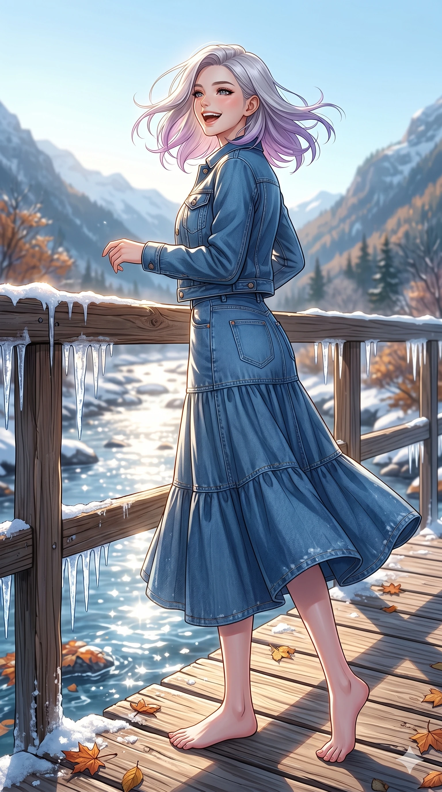 score_9, masterpiece, best quality, ultra-detailed, high-budget anime keyframe, vibrant anime aesthetic, Caucasian woman, strictly human ears. low angle full-body shot from head to toe showing her feet, filling the entire 9:16 vertical frame with her statuesque presence, stretching her vertical silhouette. She is turning her head with a wind-swept laugh and a bright, cheerful expression on a wooden bridge over a sparkling mountain stream lined with frozen icicles and autumn leaves (Code-P21-010). She has an absolutely perfect 8-heads proportion, an exceptionally tall and slender female figure with impossibly long slender legs and an ultra-slim waist. V-shaped jawline, high-bridge nose, intricate jewel-like eyes with depth, thick eyelashes, glossy lips with a natural sheen. wearing a modern denim set featuring a structured jacket and long skirt. She is bathed in bright morning sun reflecting off the glass panels, creating a glowing winter aura. 2k, ultra detail, master piece, 9:16 ratio