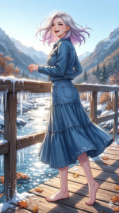 score_9, masterpiece, best quality, ultra-detailed, high-budget anime keyframe, vibrant anime aesthetic, Caucasian woman, strictly human ears. low angle full-body shot from head to toe showing her feet, filling the entire 9:16 vertical frame with her