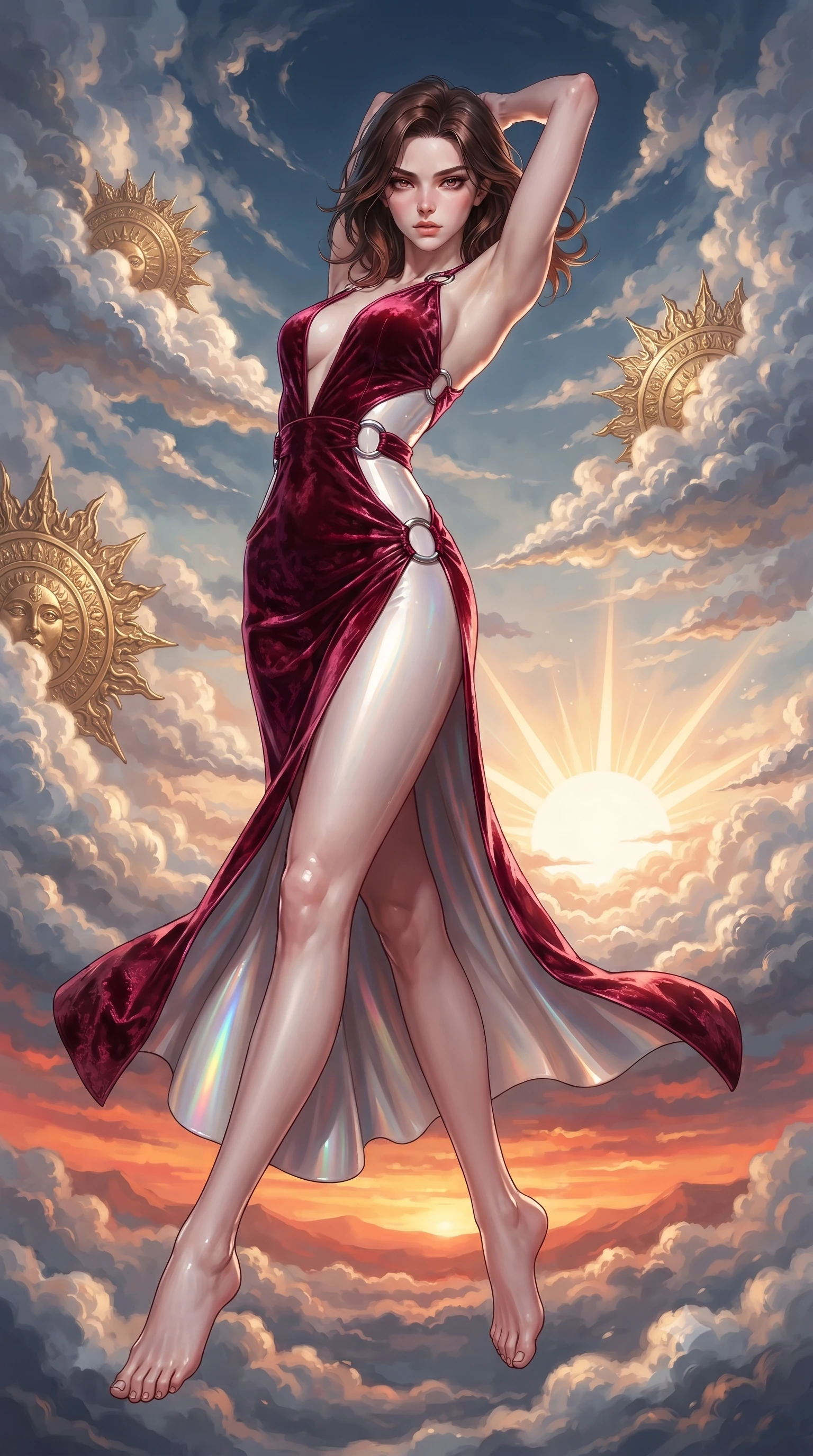 score_9, masterpiece, best quality, ultra-detailed, high-budget anime keyframe, editorial fashion photography, tasteful artistic composition, Korean woman. low angle full-body shot from head to toe showing her feet, filling the entire 9:16 vertical frame with her statuesque presence, stretching her vertical silhouette. performing an alluring mid-air vault with flawless poise, looking directly into the camera with smoldering intensity while arching her spine in a fluid stretch toward the rising sun with arms extended as dawn rays trace her statuesque contour. The surrounding environment is rendered in vivid detail and crisp panoramic clarity. intricate carved gold sun-disc reliefs, sharp cloud-top vapor textures, and burning horizon gradients in deep focus. She has an absolutely perfect, statuesque 8.5-heads proportion, an exceptionally tall and slender model-like female figure with impossibly long slender legs, a toned flat midriff, and an ultra-slim waist. sharp v-shaped jawline, high-bridge nose, intricate jewel-like eyes with depth, thick eyelashes, glossy lips with a natural sheen, flawlessly proportioned anatomical accuracy, strict slender model proportions, natural body alignment, perfectly sculpted long slender limbs, ultra-slim waistline, clean dynamic posture without body distortion. wearing a backless crimson crushed velvet gown with a deep plunging V-neckline, strategic hip cutouts, and an ultra-high thigh slit in glistening liquid pearl white with rainbow opalescence, crafted from ultra-reflective second-skin latex with a high-gloss glass-like polish, detailed with polished silver rings connecting the daring side-waist cutouts, the precision-cut daring openings accentuating her delicate midriff, graceful bare collarbones, and ultra-slim feminine waistline. surrounded by an awe-inspiring, supreme, and radiantly sensual goddess of dawn aura. ultra-reflective glossy finish, specular highlights, metallic sheen, high-contrast stereoscopic depth, volumetric dynamic lighting, 2k, ultra detail, master piece, 9:16 ratio
