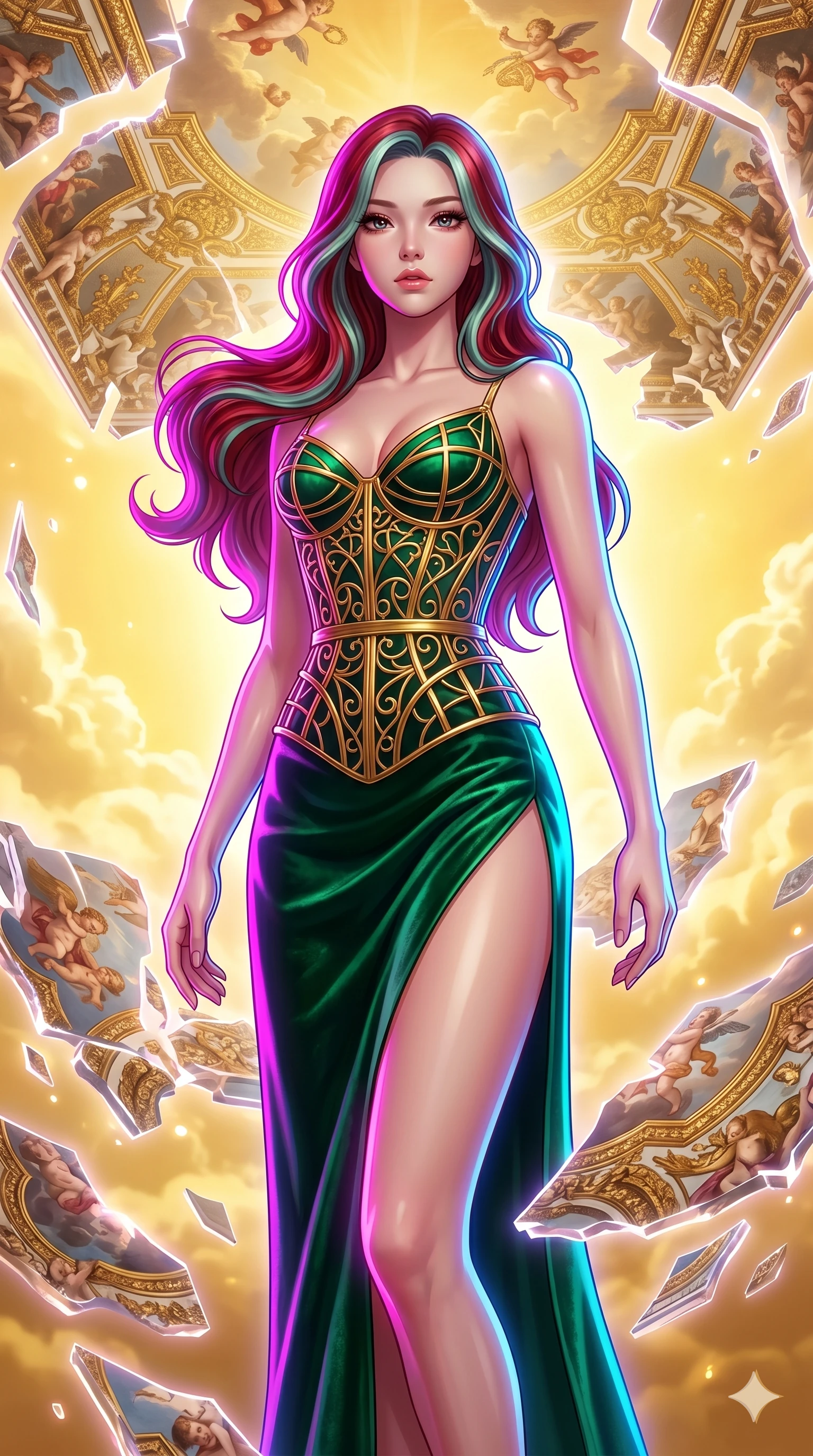 score_9, masterpiece, best quality, ultra-detailed, high-budget anime keyframe, Japanese woman. upper body close-up from the thighs up, character filling the screen for maximum presence. propelling herself off digital baroque ceiling fresco shards that float and reassemble in a golden sky. She has an absolutely perfect 8-heads proportion, an exceptionally tall and slender female figure with impossibly long slender legs and an ultra-slim waist. V-shaped jawline, high-bridge nose, intricate jewel-like eyes with depth, thick eyelashes, glossy lips with a natural sheen.. wearing a mathematical gold wire cage corset and an emerald green silk velvet slip dress with a thigh-high side slit. bathed in brilliant cinematic volumetric lighting and intense neon rim light highlighting her slender form. 2k, ultra detail, master piece, 9:16 ratio