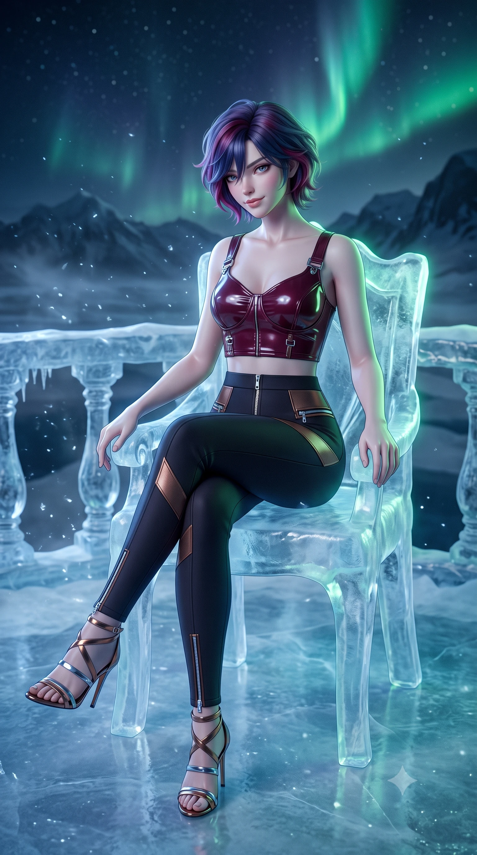 score_9, masterpiece, best quality, ultra-detailed, high-budget anime keyframe, semi-realistic 3D game render, editorial fashion photography, tasteful artistic composition, Korean woman. low angle full-body shot from head to toe showing her feet, filling the entire 9:16 vertical frame with her statuesque presence, stretching her vertical silhouette. leaning deep against the balcony balustrade with hips cocked back in an unapologetically alluring high-fashion stance, casting an intoxicating glance while sitting gracefully on the sculpted ice chair with legs crossed, flashing a playful, coquettish smile with parted glossy lips. The background shows a soft-focus fine wind-borne ice dust motes softened in high-altitude glacial balcony shallow focus. She has an exceptionally tall and slender model-like 8.5-heads proportion, an ultra-slim waist, a flat toned midriff, narrow delicate ribcage, and beautifully sculpted feminine hips creating a graceful, slim hourglass silhouette without any bulky heaviness, with impossibly long slender legs. sharp v-shaped jawline, high-bridge nose, intricate jewel-like sparkling eyes with depth, thick eyelashes, glossy parted lips with a natural peach sheen, bright cheerful beaming smile with an enchanting and coquettish sensual glint, exuding both youthful cute charm and seductive allure, flawlessly proportioned anatomical accuracy, strict slender model proportions, natural body alignment, perfectly sculpted long slender limbs, ultra-slim waistline, clean dynamic posture without body distortion. wearing a glossy vinyl crop top and high-waist tailored leggings with sleek chrome zippers and exposed midriff in deep burgundy and bronze accents, crafted from bespoke double-faced cashmere with an exceptionally soft tactile finish, complemented by strappy stiletto sandals with metallic ankle wraps accentuating her slender calves, the form-contouring silhouette accentuating her sculpted flat midriff, narrow delicate ribcage, and gracefully curvy hips with intoxicating allure. illuminated by ice reflection bounce and sharp aurora-green rim lights defining her jawline, narrow waist, and curvy hips. highly saturated vibrant anime colors, detailed shading with soft gradients, rich glossy textures, high-contrast stereoscopic depth, volumetric dynamic lighting, master piece, 9:16 ratio