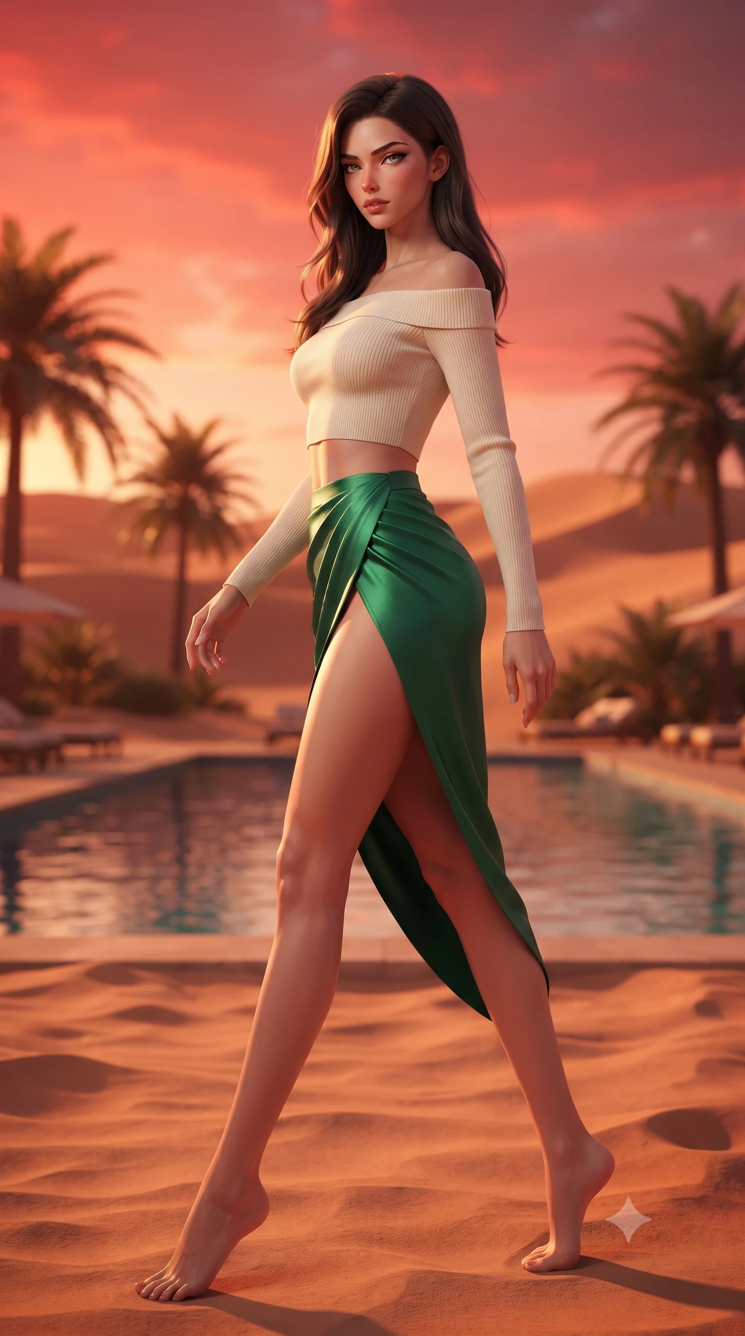 score_9, masterpiece, best quality, ultra-detailed, high-budget anime keyframe, editorial fashion photography, tasteful artistic composition, Japanese woman woman. low angle full-body shot from head to toe showing her feet, filling the entire 9:16 vertical frame with her statuesque presence, stretching her vertical silhouette. stepping gracefully while looking back over her shoulder, her dress draped tightly to reveal her silhouette the background shows a soft-focus a pool deck of a resort in a desert oasis, surrounded by palm trees and sand dunes. She has an absolutely perfect, statuesque 8.5-heads proportion, an exceptionally tall and slender model-like female figure with impossibly long slender legs and an ultra-slim waist. sharp v-shaped jawline, high-bridge nose, intricate jewel-like eyes with depth, thick eyelashes, glossy lips with a natural sheen. wearing a slim-fit cropped off-shoulder knit top in cream paired with a high-slit wrap skirt in emerald green. the warm red and orange sunset sky casting a dramatic glow over the sands. ultra-reflective glossy finish, specular highlights, metallic sheen, high-contrast stereoscopic depth, volumetric dynamic lighting, 2k, ultra detail, master piece, 9:16 ratio