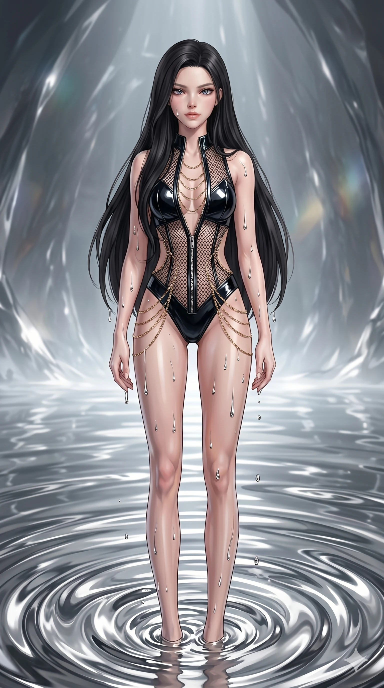 score_9, masterpiece, best quality, ultra-detailed, High-budget Anime Keyframe, East Asian woman. Dynamic full-body shot stretching the vertical silhouette to the limit. Scenario 94: Rising from a pool of mercury-like liquid, droplets rolling off her skin. Her presence is magnetic and overpowering in this high-budget anime scene. Outfit 94: A patent leather micro-mesh with a unzipped detail and fine gold chains. The clothing is designed to emphasize her exceptionally tall and slender 8-heads proportion. 8-heads proportion, towering silhouette, ultra-slim waist. sharp v-shaped jawline, intricate jewel-like eyes with depth, thick eyelashes, glossy lips. 2k, ultra detail, master piece, 9:16 ratio