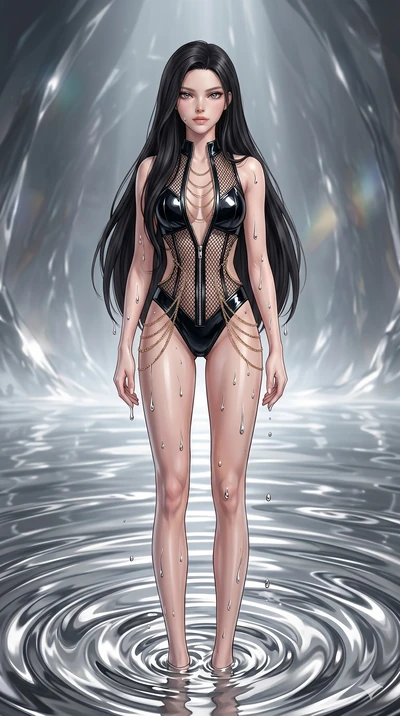 score_9, masterpiece, best quality, ultra-detailed, High-budget Anime Keyframe, East Asian woman. Dynamic full-body shot stretching the vertical silhouette to the limit. Scenario 94: Rising from a pool of mercury-like liquid, droplets rolling off her