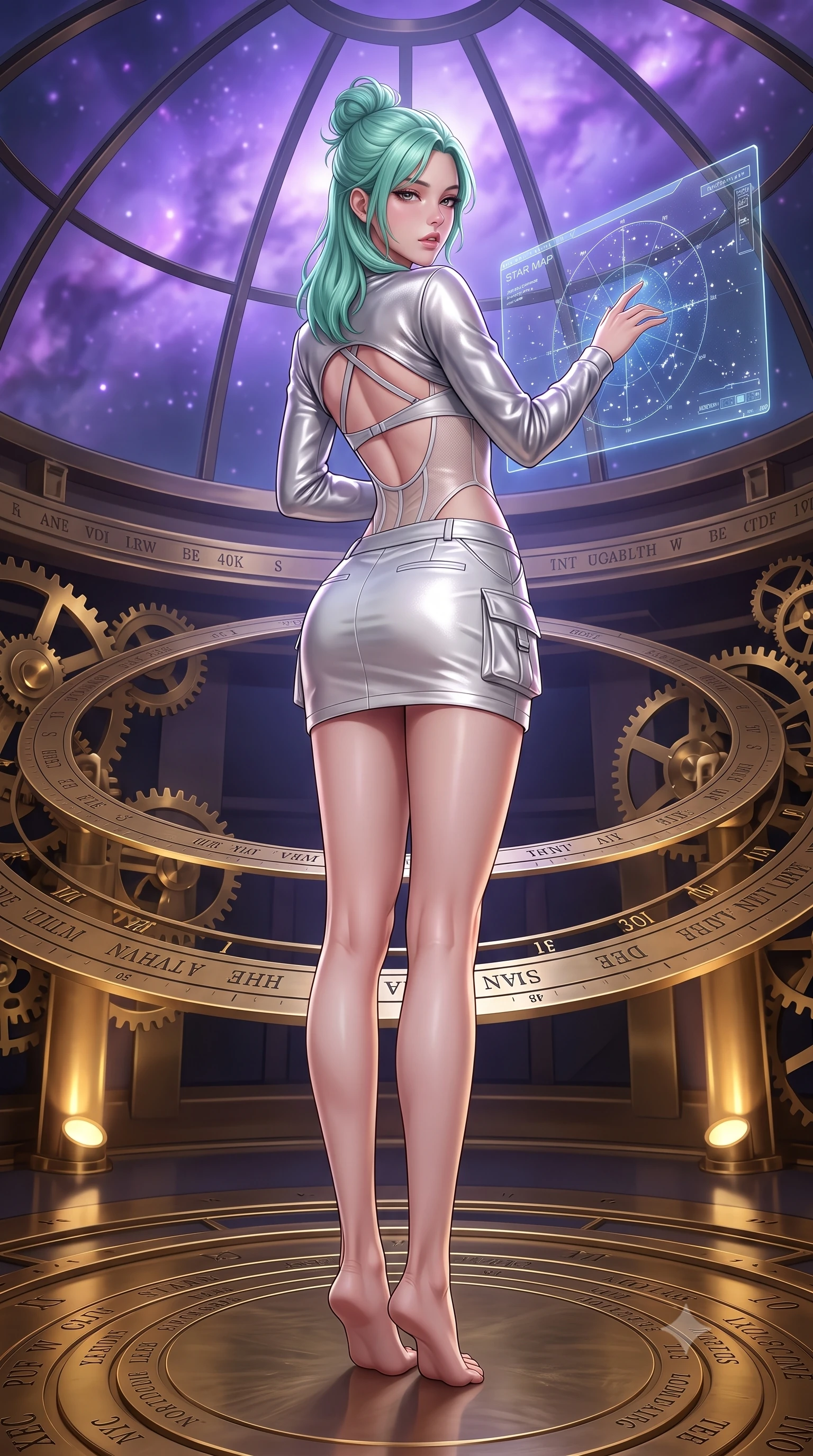 score_9, masterpiece, best quality, ultra-detailed, high-budget anime keyframe, semi-realistic 3D game render, editorial fashion photography, tasteful artistic composition, Japanese woman. low angle full-body shot from head to toe showing her feet, filling the entire 9:16 vertical frame with her statuesque presence, stretching her vertical silhouette. posing with back turned slightly to the lens, glancing back with smoldering allure as she arches her lower back to emphasize her sculpted feminine hips and slender waist while arching her spine in a fluid dancer stretch beneath the open observatory glass dome, fingers lightly tracing a floating star map. The surrounding environment is rendered in vivid detail and crisp panoramic clarity. sharp brass gear teeth, engraved celestial coordinate rings, and star map typography in deep focus. She has an absolutely perfect, statuesque 8.5-heads proportion, an exceptionally tall and slender model-like female figure with impossibly long slender legs, a toned flat midriff, an ultra-slim waist, and beautifully sculpted feminine hips. sharp v-shaped jawline, high-bridge nose, intricate jewel-like eyes with depth, thick eyelashes, glossy parted lips with a natural sheen, intensely captivating and seductive bedroom-eyes expression, flawlessly proportioned anatomical accuracy, strict slender model proportions, natural body alignment, perfectly sculpted long slender limbs, ultra-slim waistline, clean dynamic posture without body distortion. wearing a futuristic sheer mesh bodysuit layered under a metallic silver shrug bolero and micro cargo skirt in shimmering silver mercury and pearl white, tailored from fluid silk crepe with delicate inner corsetry boning, finished with criss-cross back straps highlighting her graceful bare spine, the dramatically scooped open back descending to the base of her spine, accentuating her razor-sharp statuesque lines and curvy hourglass silhouette. bathed in cool violet nebula glow from above and warm golden brass indicator uplights. highly saturated vibrant anime colors, detailed shading with soft gradients, rich glossy textures, high-contrast stereoscopic depth, volumetric dynamic lighting, master piece, 9:16 ratio