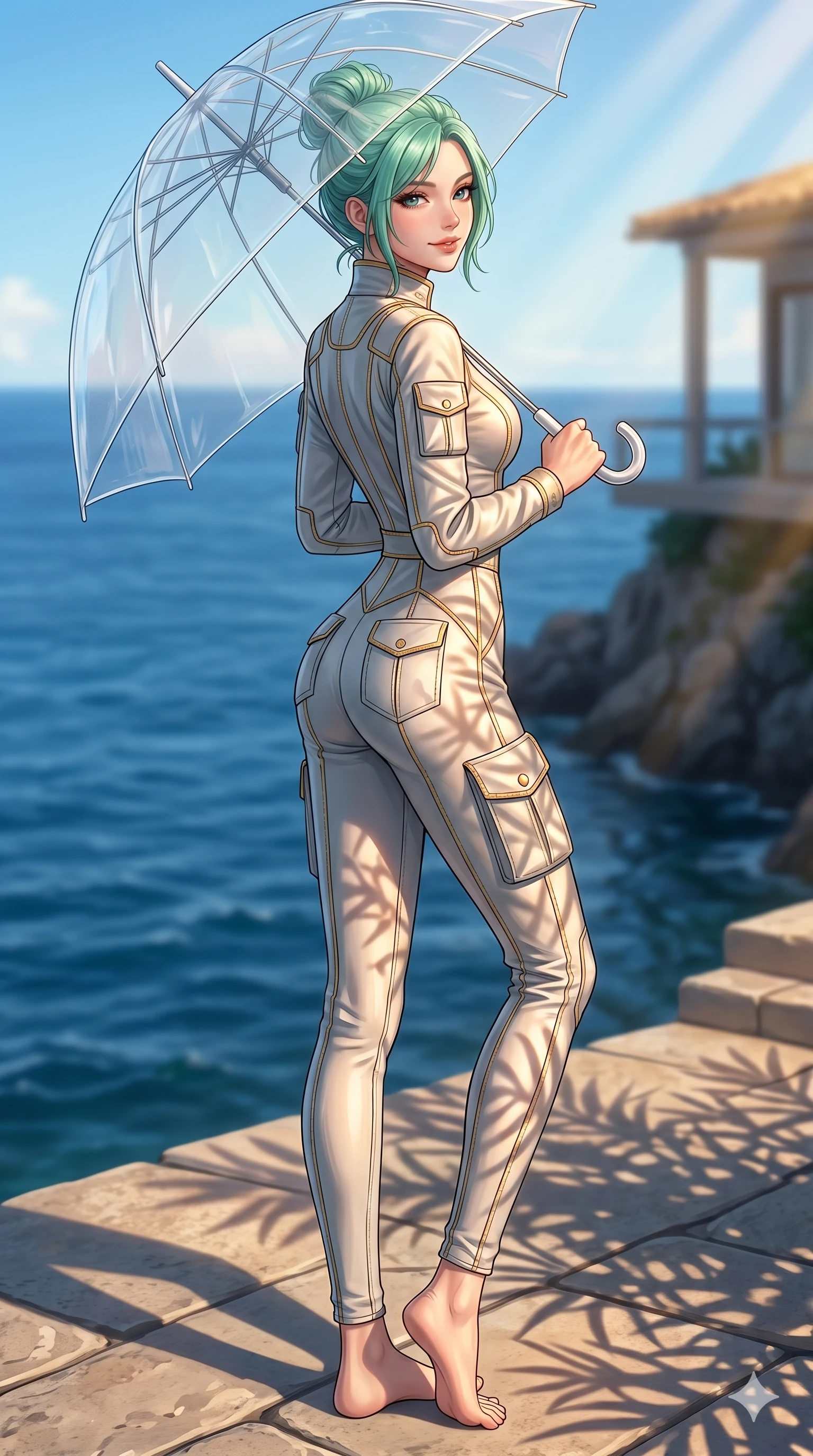 score_9, masterpiece, best quality, ultra-detailed, high-budget anime keyframe, editorial fashion photography, tasteful artistic composition, Japanese woman. low angle full-body shot from head to toe showing her feet, filling the entire 9:16 vertical frame with her statuesque presence, stretching her vertical silhouette. holding a transparent umbrella, looking over her shoulder with a magnetic, teasing smile on a private sun-deck of a cliffside villa overlooking the blue ocean (Code-P18-037). She has an absolutely perfect 8-heads proportion, an exceptionally tall and slender female figure with impossibly long slender legs and an ultra-slim waist. V-shaped jawline, high-bridge nose, intricate jewel-like eyes with depth, thick eyelashes, glossy lips with a natural sheen. wearing a structured high-neck pilot suit with gold accents and neat stitching. bathed in warm, golden afternoon sunbeams, casting soft organic leaf shadows on her skin. 2k, ultra detail, master piece, 9:16 ratio