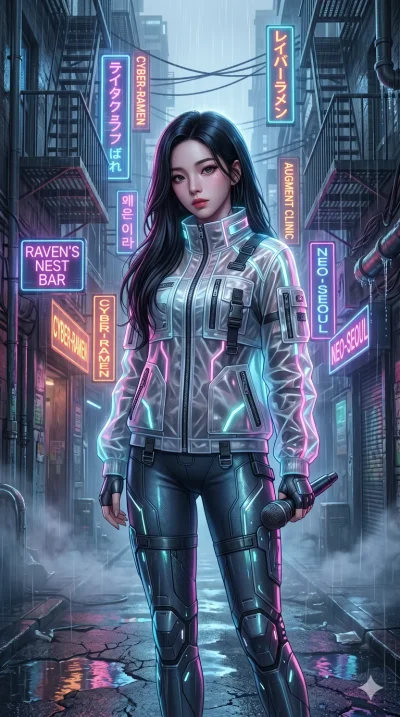 score_9, score_8_up, score_7_up, source_anime, masterpiece, best quality, ultra-detailed, same character with long black hair, wearing a cyberpunk translucent techwear jacket and tight pants, standing in a rainy alleyway with neon signs, volumetric f