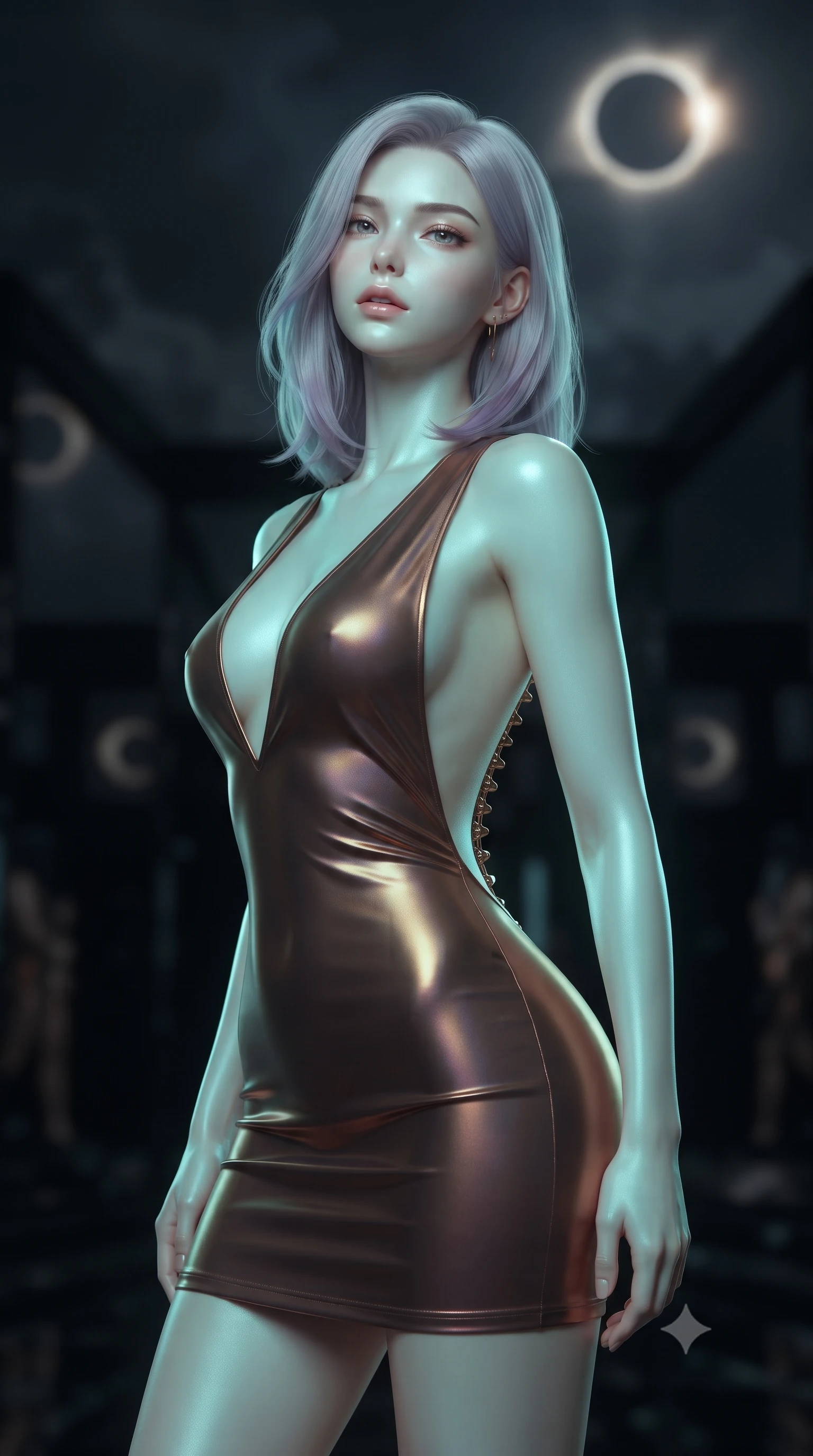 score_9, masterpiece, best quality, ultra-detailed, high-budget anime keyframe, editorial fashion photography, tasteful artistic composition, Caucasian woman, strictly human ears. close-up cowboy shot from the waist and thighs up, the character dominates the composition, filling the frame with her large presence, background elements kept in soft focus. Tilting her chin up slightly with lips parted in a composed expression. set against a soft-focus background of an ancient obsidian mirror temple during a total solar eclipse with the sun's corona forming a ring of sacred fire in the darkened sky every polished obsidian surface reflecting the eclipsed sun in duplicate. She has an exceptionally elegant and slender, willowy female figure with an ultra-slim waist, a gracefully sculpted slender torso, and a refined slim physique. sharp v-shaped jawline, high-bridge nose, intricate jewel-like eyes with depth, thick eyelashes, glossy lips with a natural sheen. wearing a deep-V bodycon mini dress in shifting liquid bronze, featuring a dramatic open back and gold spine hardware. soft aqua bioluminescent light making her skin luminously glow against darkness. 2k, ultra detail, master piece, 9:16 ratio