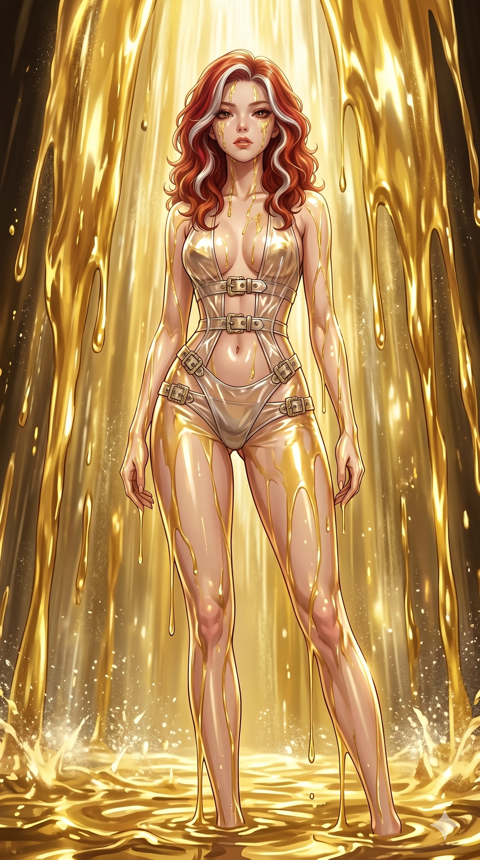 score_9, masterpiece, best quality, ultra-detailed, High-budget Anime Keyframe, East Asian woman. Low angle cowboy shot filling the entire 9:16 frame with her statuesque presence. Scenario 99: Standing under a waterfall of liquid gold, the fluid coating her form. Her presence is magnetic and overpowering in this high-budget anime scene. Outfit 99: A translucent PVC sheer with a backless design and metallic buckles. The clothing is designed to emphasize her exceptionally tall and slender 8-heads proportion. 8-heads proportion, towering silhouette, ultra-slim waist. sharp v-shaped jawline, intricate jewel-like eyes with depth, thick eyelashes, glossy lips. 2k, ultra detail, master piece, 9:16 ratio