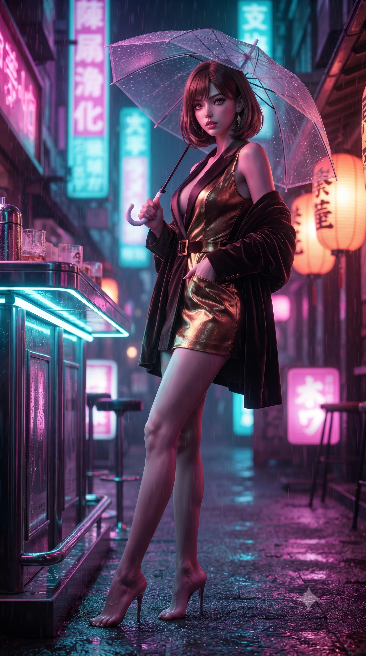 score_9, masterpiece, best quality, ultra-detailed, high-budget anime keyframe, editorial fashion photography, tasteful artistic composition, Caucasian woman. low angle full-body shot from head to toe showing her feet, filling the entire 9:16 vertical frame with her statuesque presence, stretching her vertical silhouette. leaning deep against the structural architecture with hips cocked in an unapologetically bold, seductive high-fashion stance while leaning against an illuminated chrome bar counter with hips cocked back, glancing over a bare shoulder with dangerous bedroom-eyes through a transparent vinyl umbrella. The composition keeps background elements in soft focus with creamy bokeh. vertical kanji holographic signs and glowing paper lantern displays blurred into rich magenta, laser turquoise, and amber bokeh. She has an exceptionally tall and slender model-like 8.5-heads proportion, an ultra-slim waist, a flat toned midriff, narrow delicate ribcage, and beautifully sculpted feminine hips creating a graceful, slim hourglass silhouette without any bulky heaviness, with impossibly long slender legs. sharp v-shaped jawline, high-bridge nose, intricate jewel-like eyes with depth, thick eyelashes, glossy parted lips with a natural sheen, intensely captivating and seductive bedroom-eyes expression, flawlessly proportioned anatomical accuracy, strict slender model proportions, natural body alignment, perfectly sculpted long slender limbs, ultra-slim waistline, clean dynamic posture without body distortion. wearing a tailored velvet tuxedo jacket dress with satin lapels, worn with a deep plunge neckline and gold hip buckle in dark espresso brown and molten gold foil, tailored from ultra-smooth duchess satin with a pearlescent sheen, complemented by a plush velvet shawl draped loosely over her elbows, the second-skin form-contouring cut accentuating her sculpted flat midriff, narrow delicate ribcage, and gracefully curvy hips with supermodel precision. bathed in vivid electric magenta and laser cyan neon underlights contrasting with rain-soaked shadow tones. ultra-reflective glossy finish, specular highlights, rich textural contrasts, high-contrast stereoscopic depth, volumetric dynamic lighting, 2k, ultra detail, master piece, 9:16 ratio