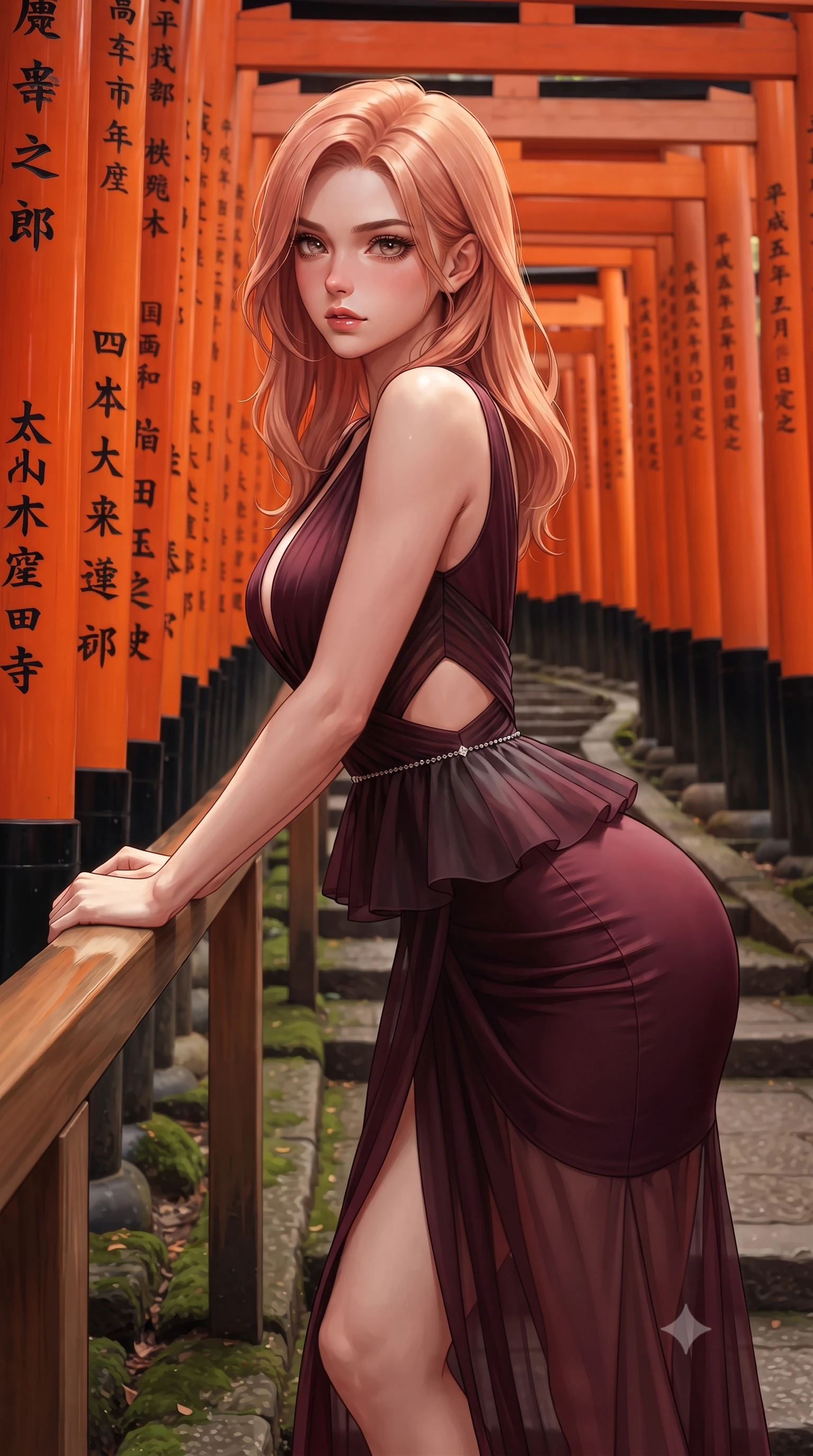 score_9, masterpiece, best quality, ultra-detailed, high-budget anime keyframe, semi-realistic 3D game render, editorial fashion photography, tasteful artistic composition, Japanese woman. close-up cowboy shot from the waist and thighs up, the character dominates the composition, filling the frame with her large presence. leaning forward against the polished railing with her hips cocked back, creating an intoxicating curve from her narrow waist to sculpted hips as she gazes back into the lens while striding gracefully down the winding mountain path through thousands of vibrant vermilion torii gates, arching her back as warm lantern light traces her curves. The surrounding environment is rendered in vivid detail and crisp panoramic clarity. sharp vermilion pillar lacquer texture, carved black kanji donor inscriptions, and stone step moss in deep focus. She has an exceptionally elegant, slender, and willowy female figure with an ultra-slim waist, flat toned midriff, narrow ribcage, and sculpted feminine hips creating an alluring, slim hourglass silhouette without bulk. sharp v-shaped jawline, high-bridge nose, intricate jewel-like eyes with depth, thick eyelashes, glossy parted lips with a natural sheen, intensely captivating and seductive bedroom-eyes expression, flawlessly proportioned anatomical accuracy, strict slender model proportions, natural body alignment, perfectly sculpted long slender limbs, ultra-slim waistline, clean dynamic posture without body distortion. wearing a modern peplum corset dress with side-waist diamond cutouts and an ultra-tight silhouette in deep wine burgundy and brushed dark platinum, woven from layered gossamer chiffon with a weightless sweeping drape, accented with a dainty diamond waist chain catching the ambient light reflections, the liquid-tight tailored fabric clinging flawlessly to her narrow waist and rounded feminine hips, emphasizing every millimeter of her sculpted slim hourglass curves without any bulky heaviness. illuminated by delicate directional lantern light sharply defining her sculpted collarbones, narrow waist, and curvy hips. highly saturated vibrant anime colors, detailed shading with soft gradients, rich glossy textures, high-contrast stereoscopic depth, volumetric dynamic lighting, master piece, 9:16 ratio
