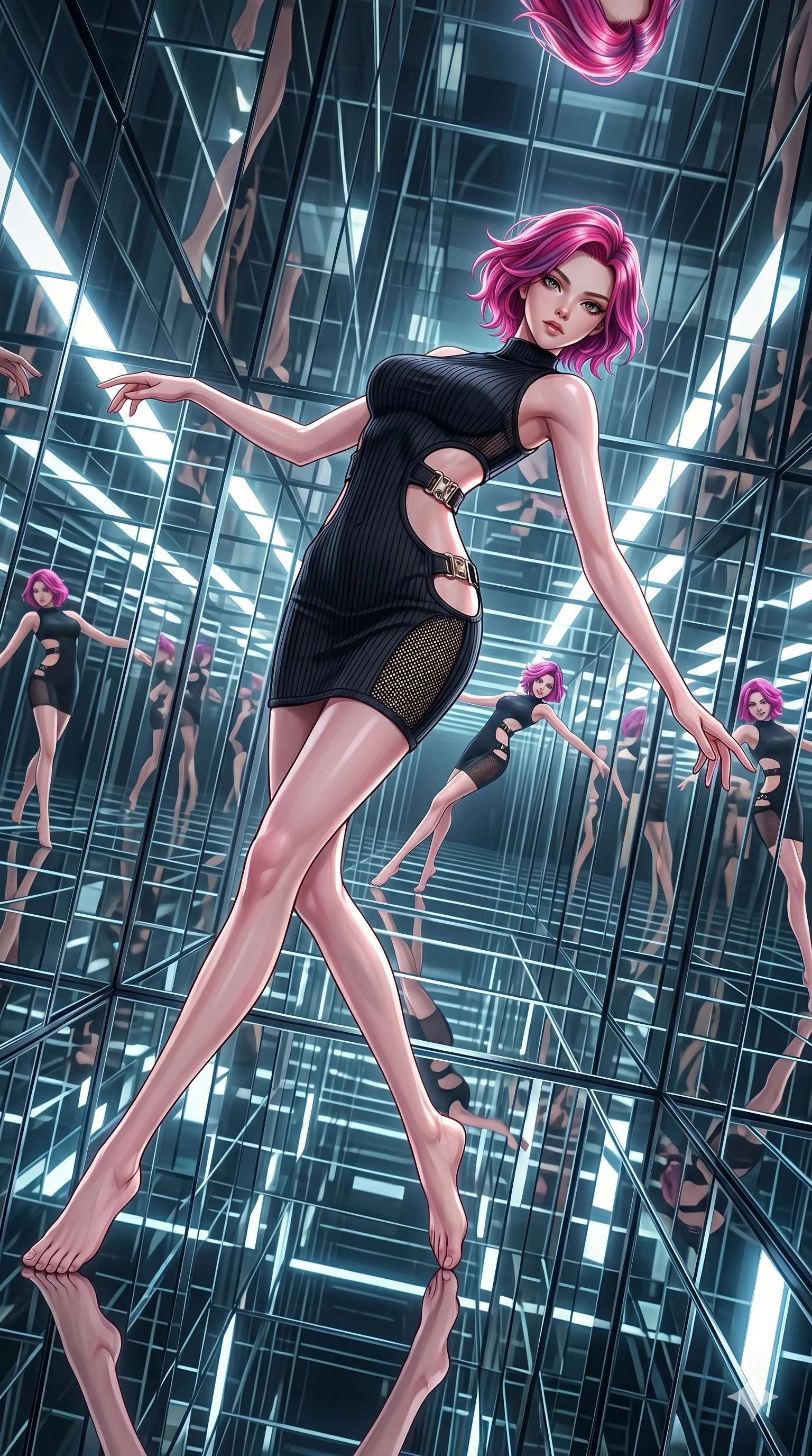 score_9, masterpiece, best quality, ultra-detailed, High-budget Anime Keyframe, East Asian woman. Dynamic full-body shot stretching the vertical silhouette to the limit. Scenario 106: Suspended by invisible silk threads in a hall of mirrors. Her presence is magnetic and overpowering in this high-budget anime scene. Outfit 106: A ribbed bodycon knit mesh with a strategic side cut-outs and metallic buckles. The clothing is designed to emphasize her exceptionally tall and slender 8-heads proportion. 8-heads proportion, towering silhouette, ultra-slim waist. sharp v-shaped jawline, intricate jewel-like eyes with depth, thick eyelashes, glossy lips. 2k, ultra detail, master piece, 9:16 ratio