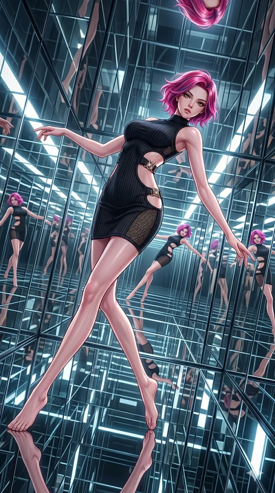 score_9, masterpiece, best quality, ultra-detailed, High-budget Anime Keyframe, East Asian woman. Dynamic full-body shot stretching the vertical silhouette to the limit. Scenario 106: Suspended by invisible silk threads in a hall of mirrors. Her pres
