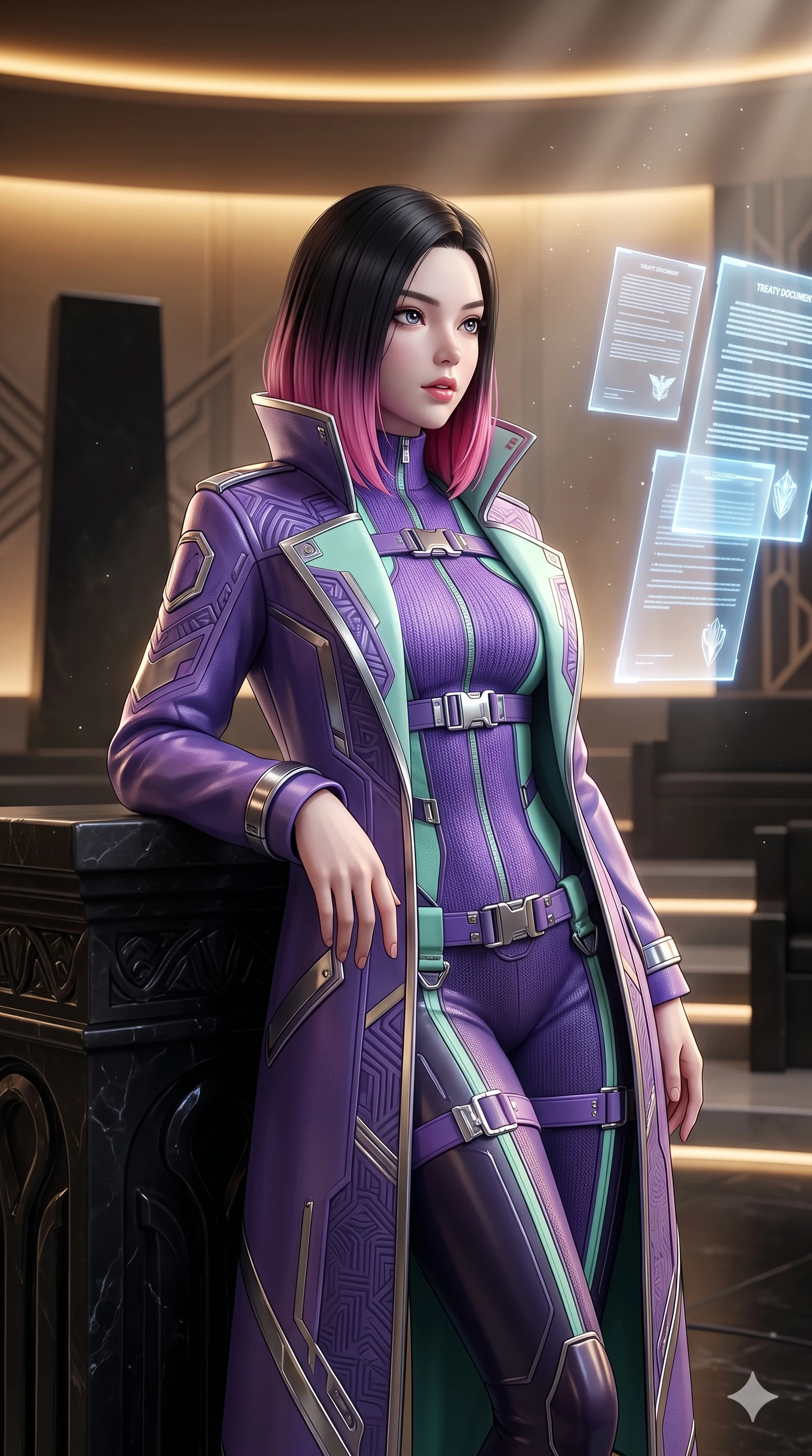 score_9, masterpiece, best quality, ultra-detailed, high-budget anime keyframe, semi-realistic 3D game render, editorial fashion photography, tasteful artistic composition, Korean woman. close-up cowboy shot from the waist and thighs up, the character dominates the composition, filling the frame with her large presence. twisting her slender torso in an alluring S-curve, dynamic rim light painting her narrow waist and curvy hips in fire while leaning against the carved black stone rostrum with hips cocked back, looking through floating luminous treaty documents with heavy-lidded seductive eyes. The background shows a soft-focus soaring minimalist black stone monoliths and recessed lighting strips softened in prestigious sci-fi senate shallow focus. She has an exceptionally elegant, slender, and willowy female figure with an ultra-slim waist, flat toned midriff, narrow ribcage, and sculpted feminine hips creating an alluring, slim hourglass silhouette without bulk. sharp v-shaped jawline, high-bridge nose, intricate jewel-like sparkling eyes with depth, thick eyelashes, glossy parted lips with a natural sheen, bright confident smile with an enchanting and coquettish sensual glint, exuding both youthful magnetic charm and sovereign high-tech allure, flawlessly proportioned anatomical accuracy, strict slender model proportions, natural body alignment, perfectly sculpted long slender limbs, ultra-slim waistline, clean dynamic posture without body distortion. wearing a structured aerospace commander greatcoat layered over an armored high-neck knit underlayer in phosphorescent ultraviolet amethyst and mint green, made of flexible bullet-resistant ballistic microfiber with high-tensile strength, finished with polished chrome buckle hardware and modular magnetic holster clasps, the bespoke structured tailoring following the natural line of her 8.5-heads silhouette with refined elegance. bathed in the prestigious warm 2800K glow of recessed golden cove lighting mixed with crisp cold white crystal data projections. highly saturated vibrant anime colors, detailed shading with soft gradients, rich glossy textures, high-contrast stereoscopic depth, volumetric dynamic lighting, master piece, 9:16 ratio