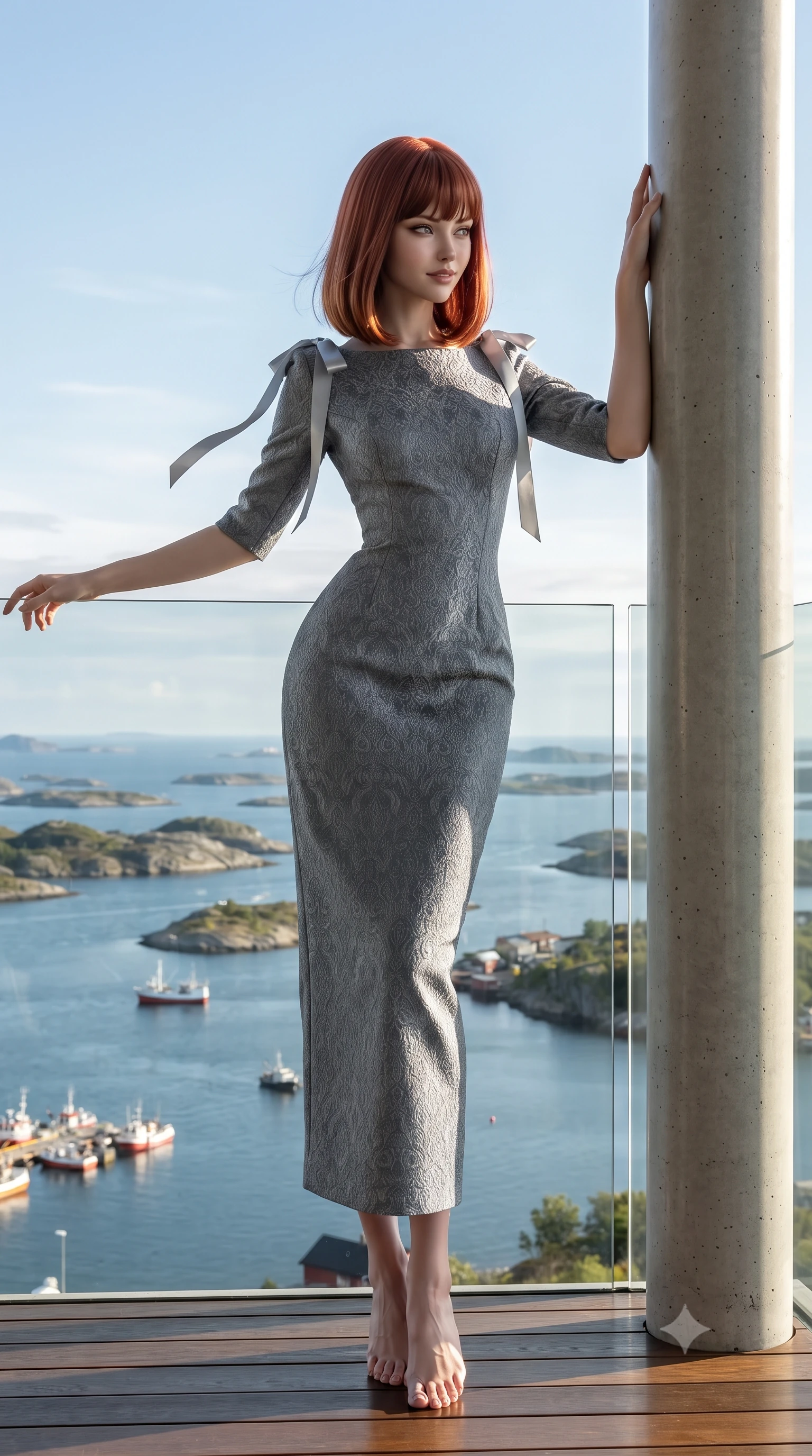 score_9, masterpiece, best quality, ultra-detailed, high-budget anime keyframe, editorial fashion photography, tasteful artistic composition, Caucasian woman. low angle full-body shot from head to toe showing her feet, filling the entire 9:16 vertical frame with her statuesque presence, stretching her vertical silhouette. standing tall beside the architectural column, one hand resting high while arching her lower back to emphasize her sculpted feminine hips and slender waist while leaning against the glass balustrade with hips cocked back, looking out over hundreds of scattered Arctic islands and fishing boats with smoldering bedroom-eyes. The surrounding environment is rendered in vivid detail and crisp panoramic clarity: detailed garment cut, bodycon tailoring, and master Nordic engineering in high resolution. She has an exceptionally tall and slender model-like 8.5-heads proportion, an ultra-slim waist, a flat toned midriff, narrow delicate ribcage, and beautifully sculpted feminine hips creating a graceful, slim hourglass silhouette without any bulky heaviness, with impossibly long slender legs. sharp v-shaped jawline, high-bridge nose, intricate jewel-like sparkling eyes with depth, thick eyelashes, glossy parted lips with a natural peach sheen, bright cheerful beaming smile with an enchanting and coquettish sensual glint, exuding both youthful cute charm and seductive allure, flawlessly proportioned anatomical accuracy, strict slender model proportions, natural body alignment, perfectly sculpted long slender limbs, ultra-slim waistline, clean dynamic posture without body distortion. wearing an aristocratic French Normandy jacquard brocade shift dress with bracelet sleeves in Mont-Saint-Michel granite slate grey and moonlit tide silver, crafted from bespoke double-faced cashmere with an exceptionally soft tactile finish, finished with satin ribbon ties at the shoulders fluttering in the gentle breeze, the impeccably tailored cut draping gracefully along her slender figure with aristocratic poise. illuminated by timber deck reflection bounce and sharp gold-and-silver dual rim lights sculpting her jawline, narrow waist, and curvy hips. ultra-reflective glossy finish, specular highlights, rich textural contrasts, high-contrast stereoscopic depth, volumetric dynamic lighting, 2k, ultra detail, master piece, 9:16 ratio