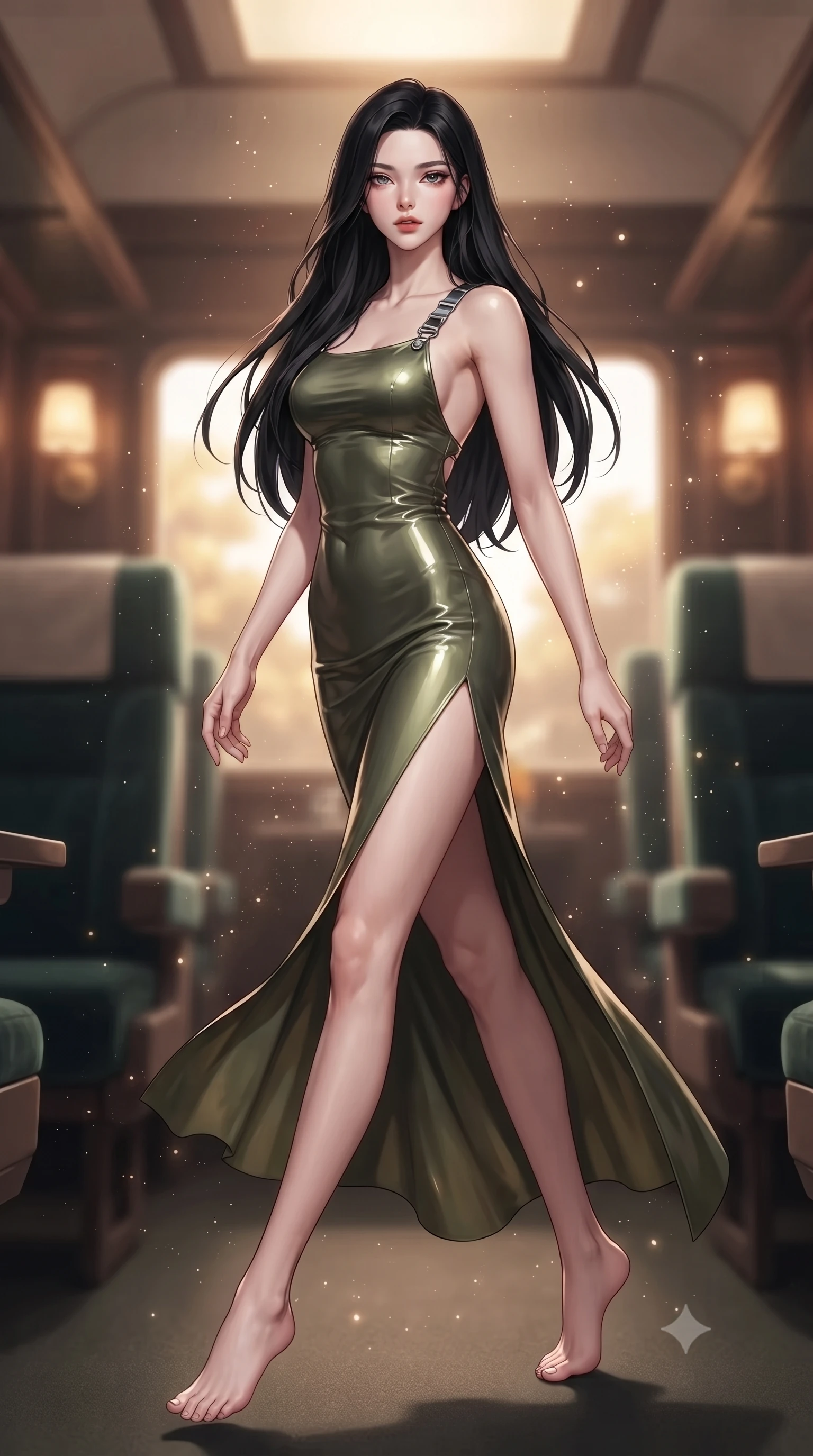 score_9, masterpiece, best quality, ultra-detailed, high-budget anime keyframe, editorial fashion photography, tasteful artistic composition, Korean woman. low angle full-body shot from head to toe showing her feet, filling the entire 9:16 vertical frame with her statuesque presence, stretching her vertical silhouette. stepping gracefully through floating stardust particles, her body-contouring suit showing her athletic, slender silhouette, the background shows a soft-focus a private compartment on a scenic rail liner with velvet passenger seats. She has an absolutely perfect, statuesque 8.5-heads proportion, an exceptionally tall and slender model-like female figure with impossibly long slender legs and an ultra-slim waist. sharp v-shaped jawline, high-bridge nose, intricate jewel-like eyes with depth, thick eyelashes, glossy lips with a natural sheen. wearing a body-hugging dramatic open-back maxi combat dress in olive green, featuring a high thigh slit and chrome straps. soft spotlighting highlighting the detailed fabrics and textures of her gear. ultra-reflective glossy finish, specular highlights, metallic sheen, high-contrast stereoscopic depth, volumetric dynamic lighting, 2k, ultra detail, master piece, 9:16 ratio
