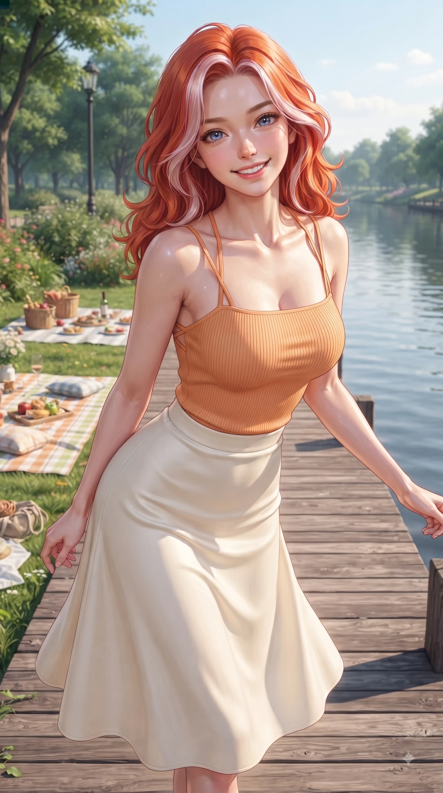 score_9, masterpiece, best quality, ultra-detailed, high-budget anime keyframe, editorial fashion photography, tasteful artistic composition, Caucasian woman. close-up cowboy shot from the waist and thighs up, the character dominates the composition, filling the frame with her large presence. Cheerful beaming smile with sparkling eyes and a fresh girlhood aura, leaning forward with playful grace while pivoting in a happy stride along a wooden pier overlooking calm river waters. The surrounding environment is rendered in vivid detail and crisp panoramic clarity. lush picnic mat setups, park foliage, and wooden promenade planks rendered in deep focus. She has an exceptionally elegant, slender, and willowy female figure with an ultra-slim waist, a gracefully sculpted slender torso, and a refined silhouette. sharp v-shaped jawline, high-bridge nose, intricate jewel-like eyes with depth, thick eyelashes, glossy lips with a natural sheen, flawlessly proportioned anatomical accuracy, natural body alignment, perfectly sculpted elegant limbs, clean dynamic posture without body distortion. wearing a chic square-neck ribbed top paired with a flowing A-line midi skirt in warm apricot orange and cream white, made of premium stretch jersey that follows her curves like a glove, finished with delicate criss-cross back straps highlighting her bare shoulders, the tailored fabric tightly following every curve of her athletic build. surrounded by a serene, uplifting, and romantic park ambiance. ultra-reflective glossy finish, specular highlights, metallic sheen, high-contrast stereoscopic depth, volumetric dynamic lighting, 2k, ultra detail, master piece, 9:16 ratio