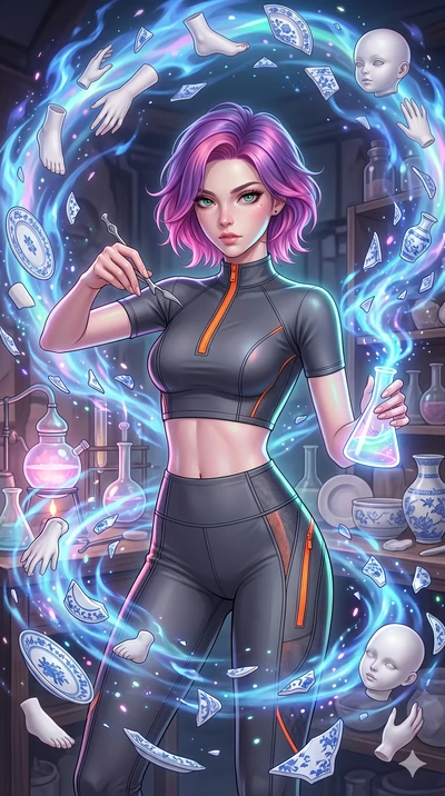 score_9, masterpiece, best quality, ultra-detailed, high-budget anime keyframe, Caucasian woman, strictly human ears. upper body close-up from the thighs up, character filling the screen for maximum presence. assisting in an alchemical porcelain work