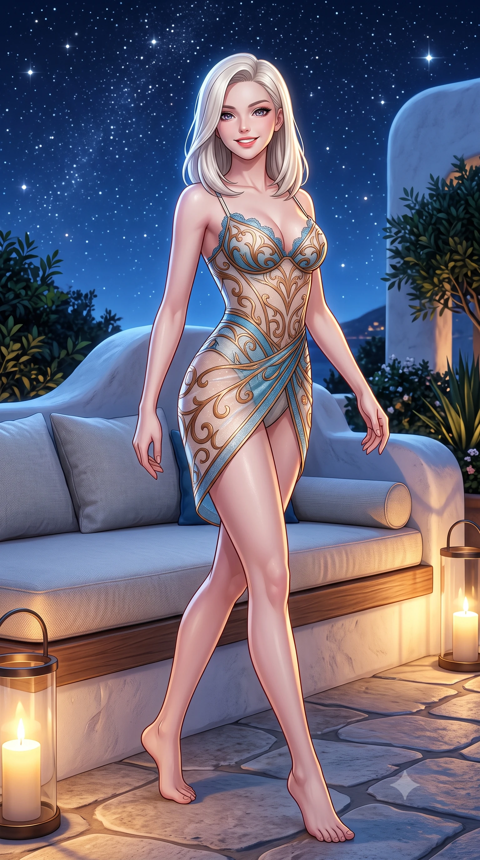 score_9, masterpiece, best quality, ultra-detailed, high-budget anime keyframe, semi-realistic 3D game render, editorial fashion photography, tasteful artistic composition, Caucasian woman. low angle full-body shot from head to toe showing her feet, filling the entire 9:16 vertical frame with her statuesque presence, stretching her vertical silhouette. stepping forward in a confident stride, her long slender legs and curvaceous hips creating a dynamic, sweeping vertical line while twisting her slender torso in an alluring S-curve beside the outdoor daybed, starlight and hurricane lamp glow tracing her narrow waist and hips. The surrounding environment is rendered in vivid detail and crisp panoramic clarity: sharp hand-plastered white masonry curves, natural limestone flagstone joints, and fine linen weave texture in deep focus. She has an exceptionally tall and slender model-like 8.5-heads proportion, an ultra-slim waist, a flat toned midriff, narrow delicate ribcage, and beautifully sculpted feminine hips creating a graceful, slim hourglass silhouette without any bulky heaviness, with impossibly long slender legs. sharp v-shaped jawline, high-bridge nose, intricate jewel-like sparkling eyes with depth, thick eyelashes, glossy parted lips with a natural peach sheen, bright cheerful beaming smile with an enchanting and coquettish sensual glint, exuding both youthful cute charm and seductive allure, flawlessly proportioned anatomical accuracy, strict slender model proportions, natural body alignment, perfectly sculpted long slender limbs, ultra-slim waistline, clean dynamic posture without body distortion. wearing an ultra-daring sheer illusion tulle bodysuit with liquid bronze arabesque flocking tracing her hourglass contours in Positano lemon blossom ivory and Mediterranean azure, woven from stretch metallic lurex jersey casting radiant starlight glints across her curves, finished with scalloped eyelash lace trim framing her sweetheart neckline with intimate elegance, the high-slit wrap tailoring accentuating her ultra-slim waistline and the enchanting curve of her feminine hips with alluring seductive charm. bathed in the brilliant silver starlight of the unpolluted island sky mixed with oversized hurricane candle lanterns. highly saturated vibrant anime colors, detailed shading with soft gradients, rich glossy textures, high-contrast stereoscopic depth, volumetric dynamic lighting, master piece, 9:16 ratio