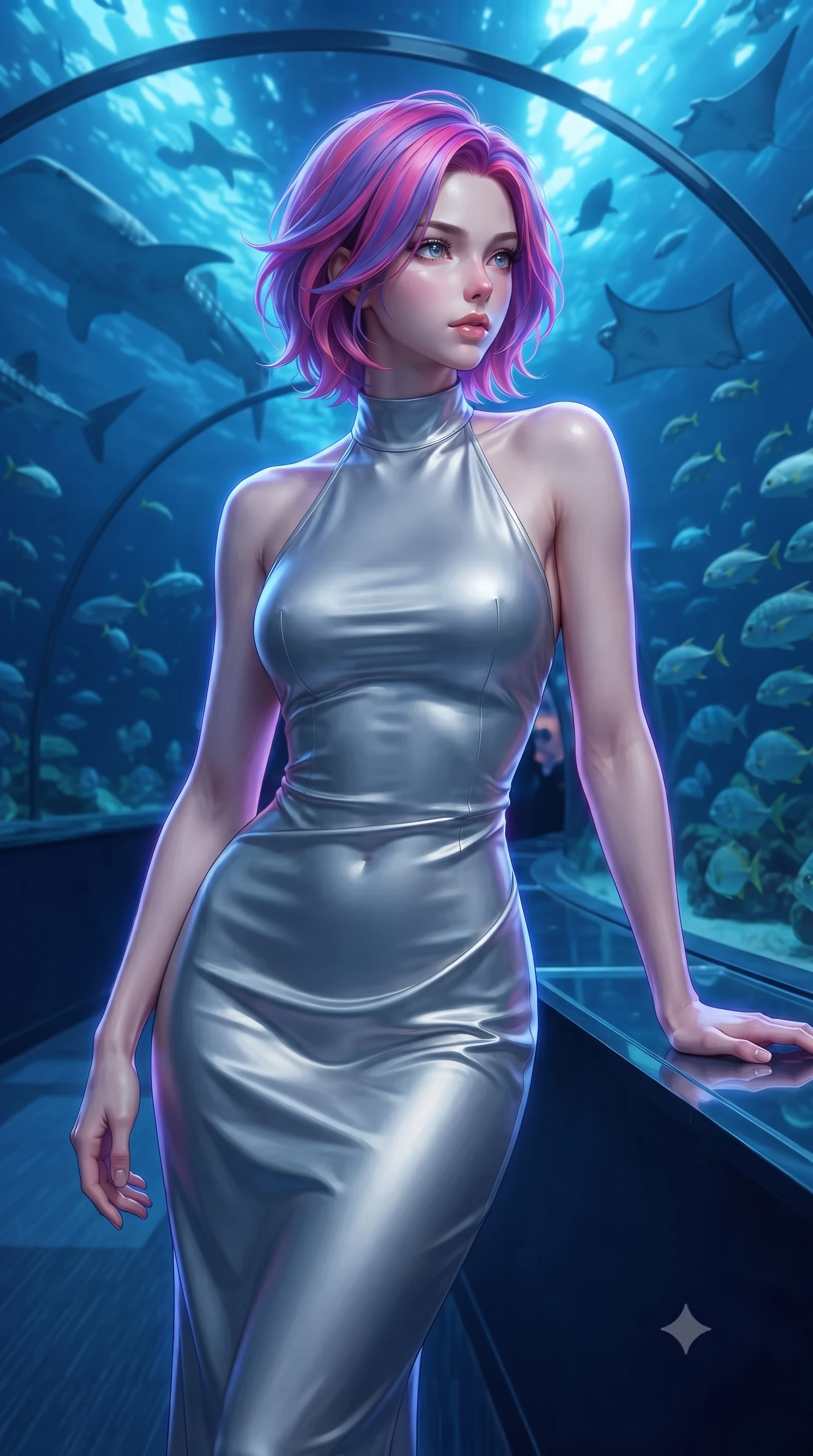 score_9, masterpiece, best quality, ultra-detailed, high-budget anime keyframe, editorial fashion photography, tasteful artistic composition, Caucasian woman, strictly human ears. close-up cowboy shot from the waist and thighs up, the character dominates the composition, filling the frame with her large presence, background elements kept in soft focus. Resting one arm elegantly against a surface with a poised relaxed stance. set against a soft-focus background of walking through a transparent acrylic tunnel in a massive deep-ocean aquarium with whale sharks manta rays and schools of tropical fish gliding silently overhead and on all sides in dark blue water. She has an exceptionally elegant and slender, willowy female figure with an ultra-slim waist, a gracefully sculpted slender torso, and a refined slim physique. sharp v-shaped jawline, high-bridge nose, intricate jewel-like eyes with depth, thick eyelashes, glossy lips with a natural sheen. wearing a liquid silver midi dress with a high halter neckline, draped elegantly to contour her slender physique. brilliant cinematic volumetric lighting with intense neon rim light outlining her form. 2k, ultra detail, master piece, 9:16 ratio