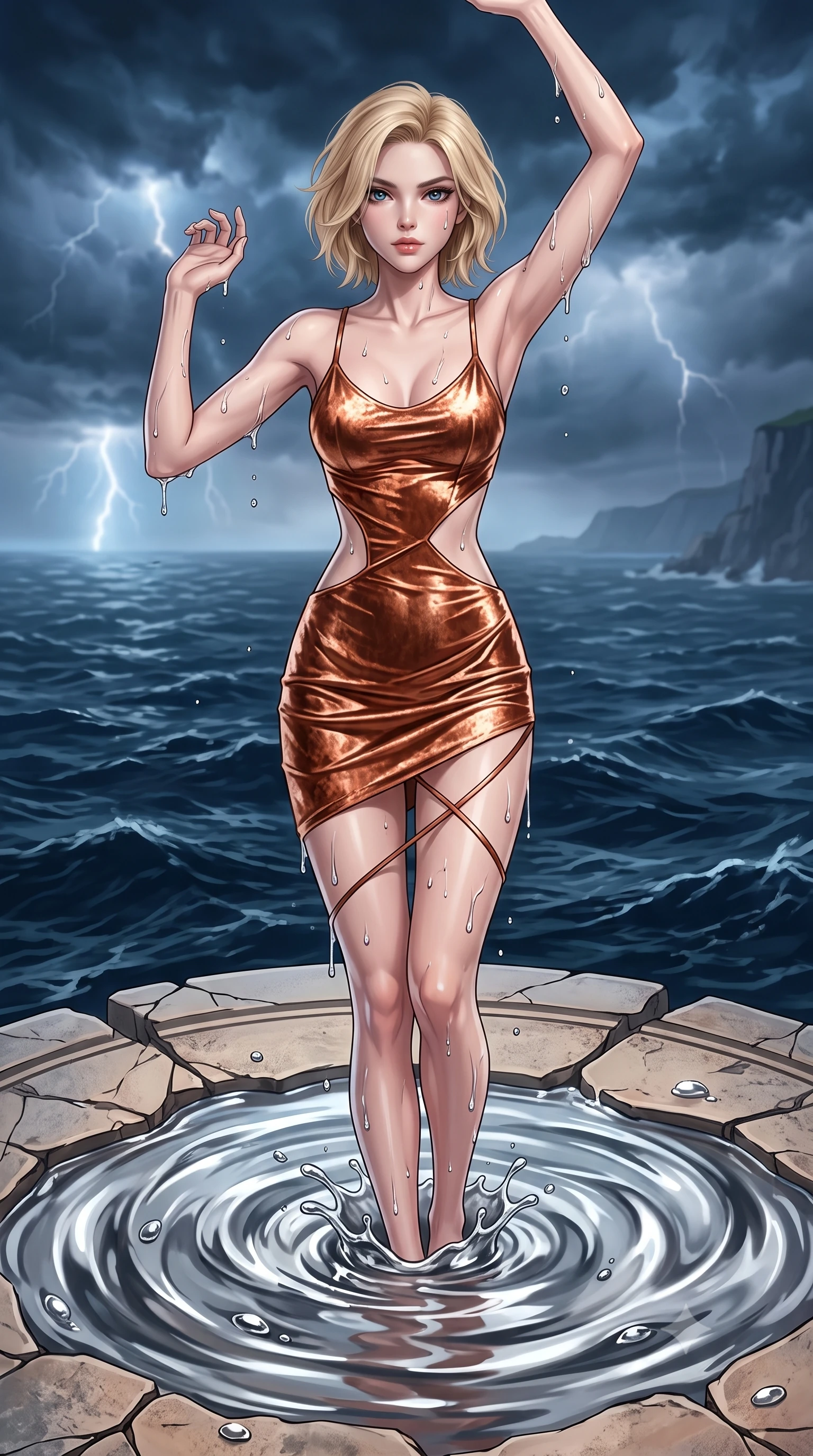 score_9, masterpiece, best quality, ultra-detailed, High-budget Anime Keyframe, Caucasian woman, strictly human ears. Dynamic full-body shot stretching the vertical silhouette to the limit. Scenario 481: rising from a pool of mercury-like liquid, droplets rolling off her skin, in a floating platform suspended over a stormy sea of dark blue water. Her presence is magnetic and overpowering in this high-budget anime scene. Outfit 481: a tailored metallic copper crushed velvet slip dress with strategic waist cut-outs and slender leg straps. The clothing is designed to emphasize her exceptionally tall and slender 8-heads proportion. 8-heads proportion, towering silhouette, ultra-slim waist. sharp v-shaped jawline, intricate jewel-like eyes with depth, thick eyelashes, glossy lips. 2k, ultra detail, master piece, 9:16 ratio