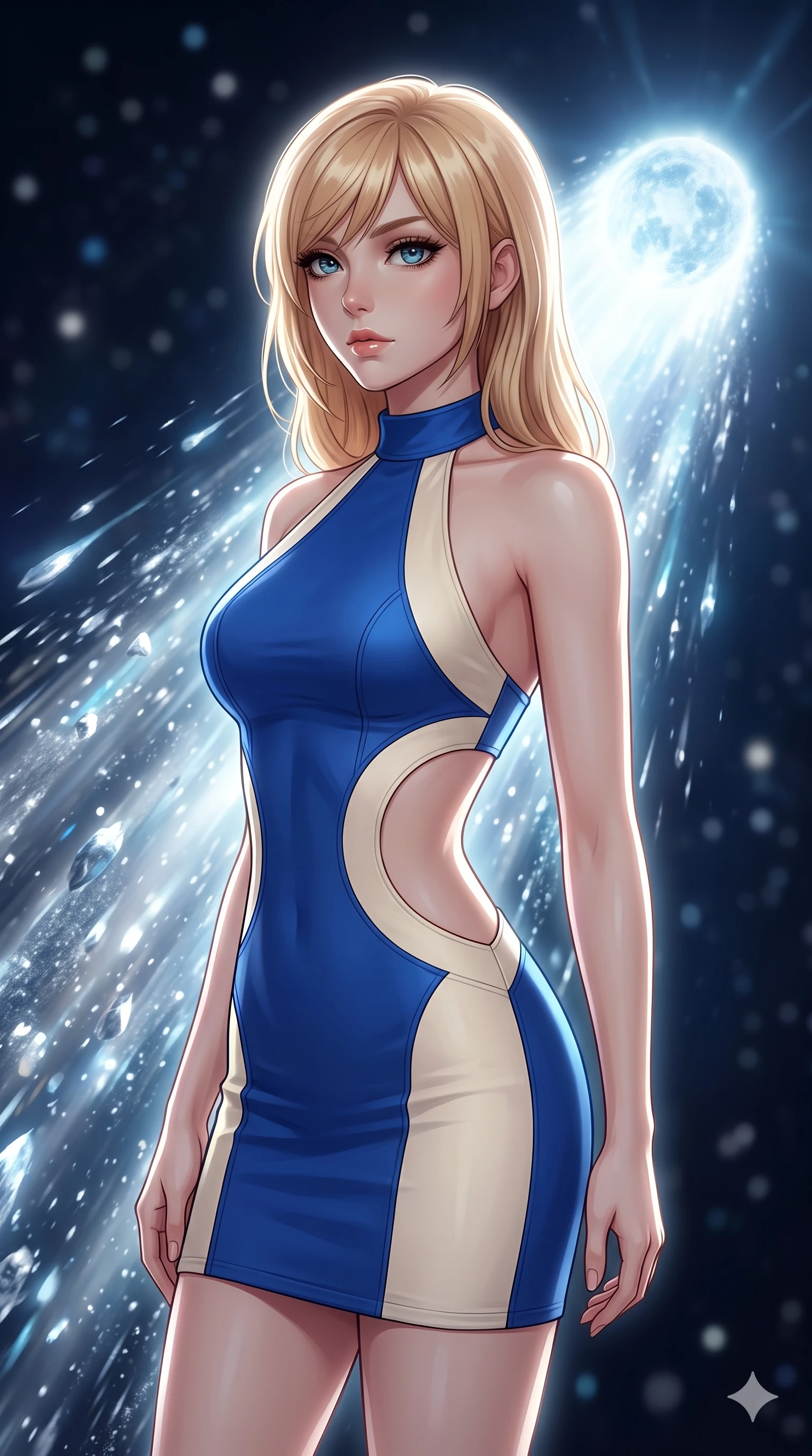 score_9, masterpiece, best quality, ultra-detailed, high-budget anime keyframe, editorial fashion photography, tasteful artistic composition, Caucasian woman, strictly human ears. close-up cowboy shot from the waist and thighs up, the character dominates the composition, filling the frame with her large presence, background elements kept in soft focus. Gazing past the camera with an air of effortless superiority. set against a soft-focus background of riding the luminous tail of a comet as it streaks through deep space with silver and blue ice particles streaming past at incredible speed and the comet's nucleus glowing ahead like a frozen sun. She has an exceptionally elegant and slender, willowy female figure with an ultra-slim waist, a gracefully sculpted slender torso, and a refined slim physique. sharp v-shaped jawline, high-bridge nose, intricate jewel-like eyes with depth, thick eyelashes, glossy lips with a natural sheen. wearing a structured halter-neck bodycon dress in two-tone cobalt blue and cream, with dramatic curved cutouts at the sides of the torso. dramatic backlight creating a radiant halo effect around her entire silhouette. 2k, ultra detail, master piece, 9:16 ratio