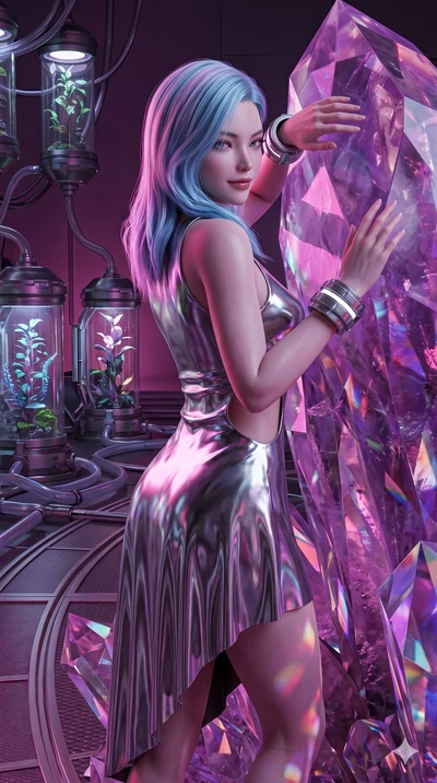 score_9, masterpiece, best quality, ultra-detailed, high-budget anime keyframe, semi-realistic 3D game render, Korean woman. Upper body close-up from the thighs up, character filling the screen for maximum presence. Inside a biotech garden, next to a
