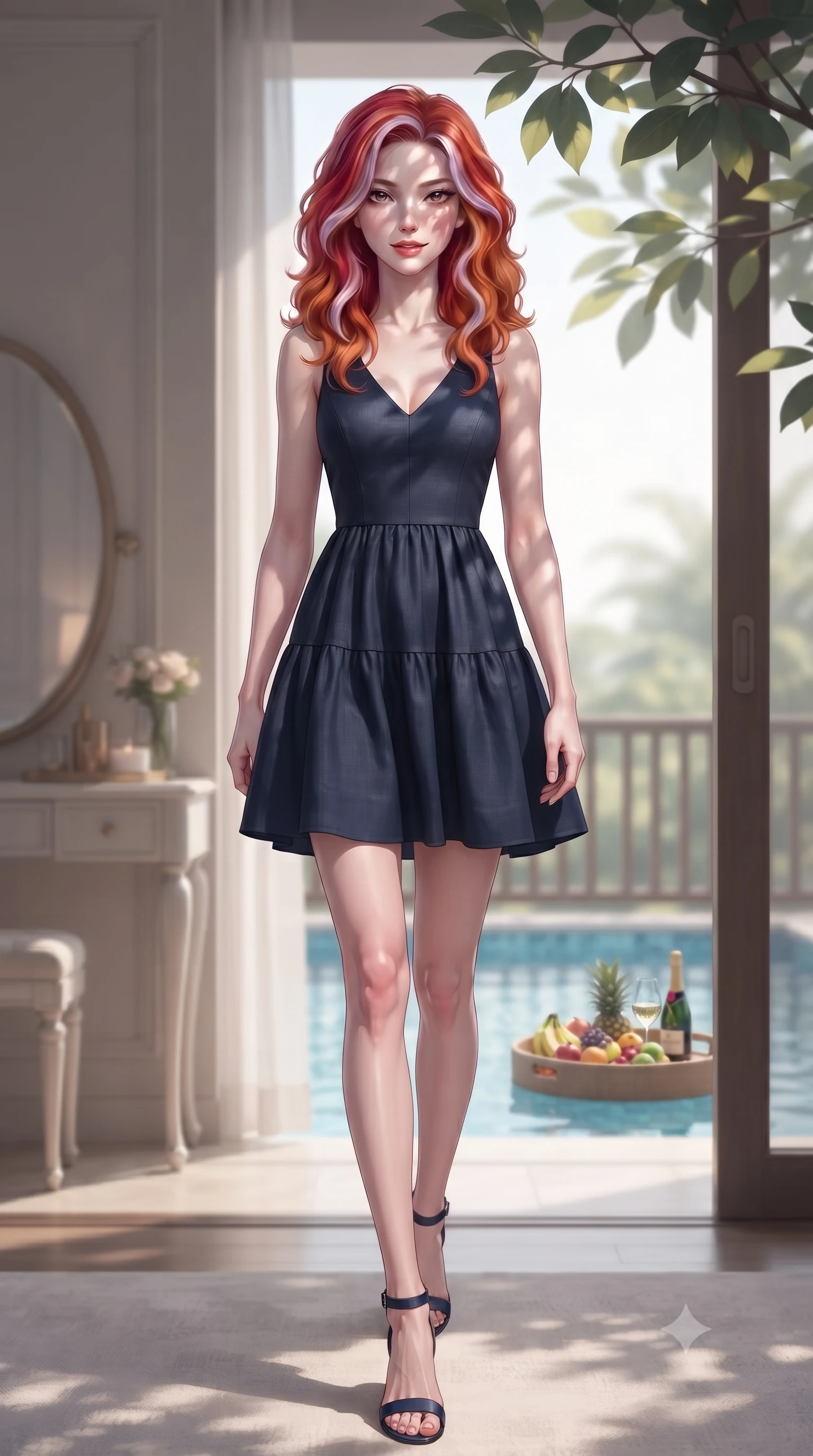 score_9, masterpiece, best quality, ultra-detailed, high-budget anime keyframe, editorial fashion photography, tasteful artistic composition, Caucasian woman. low angle full-body shot from head to toe showing her feet, filling the entire 9:16 vertical frame with her statuesque presence, stretching her vertical silhouette. striding forward with quiet confidence and a smoldering half-smile, holding intense eye contact with the viewer set against a soft-focus background of inside an exclusive vanity suite with a floating pool tray of tropical fruits and chilled wine in soft focus. She has an absolutely perfect, statuesque 8.5-heads proportion, an exceptionally tall and slender model-like female figure with impossibly long slender legs and an ultra-slim waist. sharp v-shaped jawline, high-bridge nose, intricate jewel-like eyes with depth, thick eyelashes, glossy lips with a natural sheen. wearing form-contouring midnight navy matte silk flowy linen sundress with a comfortable tiered skirt silhouette featuring refined tailored seams. highlighted by dappled sunlight filtering through leafy branches, creating soft organic patterns. ultra-reflective glossy finish, specular highlights, metallic sheen, high-contrast stereoscopic depth, volumetric dynamic lighting, 2k, ultra detail, master piece, 9:16 ratio