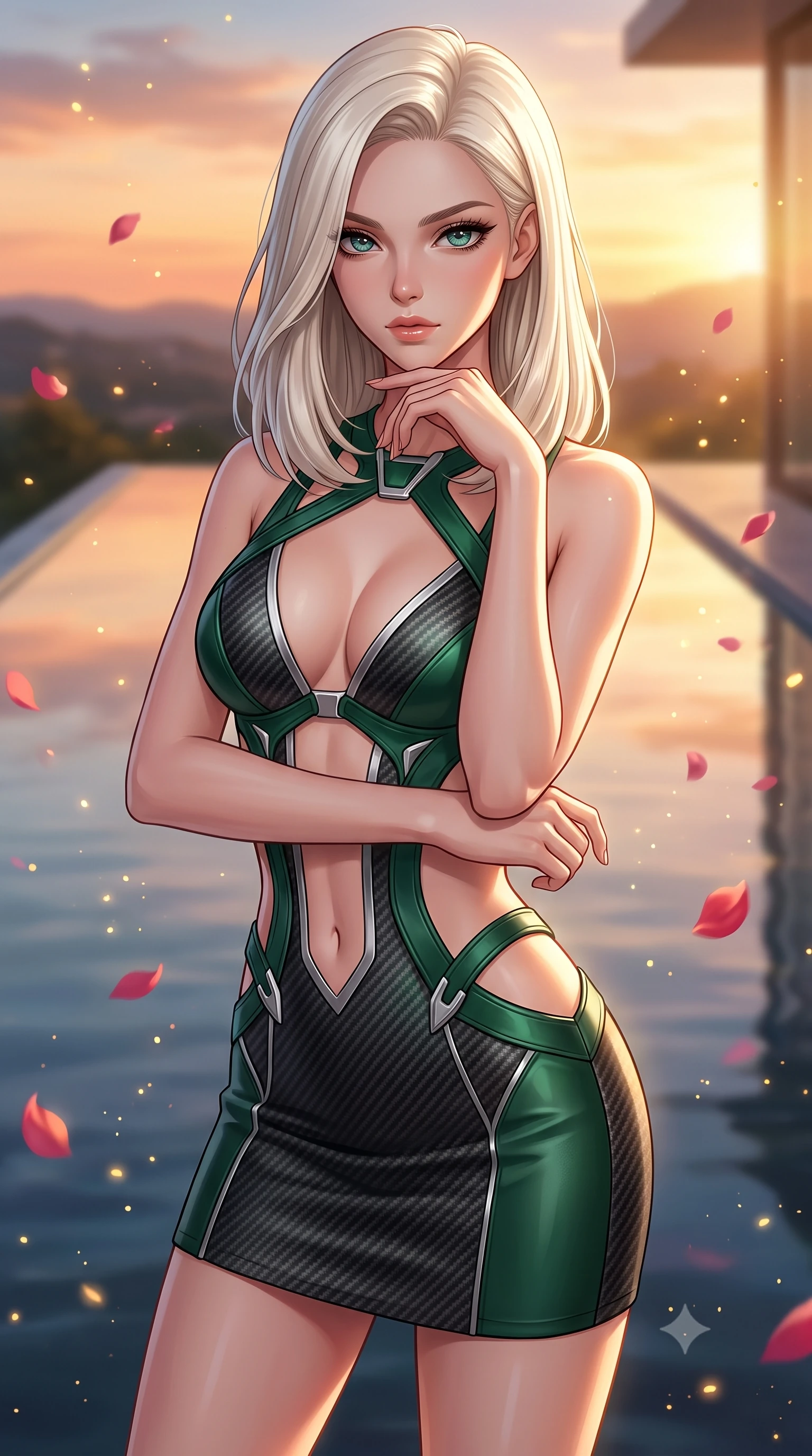 score_9, masterpiece, best quality, ultra-detailed, high-budget anime keyframe, editorial fashion photography, tasteful artistic composition, Caucasian woman. close-up cowboy shot from the waist and thighs up, the character dominates the composition, filling the frame with her large presence, background elements kept in soft focus. Resting her chin on the backs of her fingers, casting a sharp, mysterious gaze poised beside an infinity reflecting pool mirroring a warm sunset sky, floating rose petals and golden dust motes sparkling in the air. She has an exceptionally elegant, slender, and willowy female figure with an ultra-slim waist, a gracefully sculpted slender torso, and a refined silhouette. sharp v-shaped jawline, high-bridge nose, intricate jewel-like eyes with depth, thick eyelashes, glossy lips with a natural sheen. wearing a dramatic open-waist cutout mini dress framed by sculptural hardware in deep emerald green and silver accent, made of fine carbon-fiber weave and soft matte leather, featuring clean architectural cutouts along her slender torso, the tailored fabric tightly following every curve of her athletic build. lit by brilliant warm key light softening into smooth, elegant gradients. highly saturated vibrant anime colors, detailed shading with soft gradients, rich glossy textures, high-contrast stereoscopic depth, volumetric dynamic lighting, master piece, 9:16 ratio