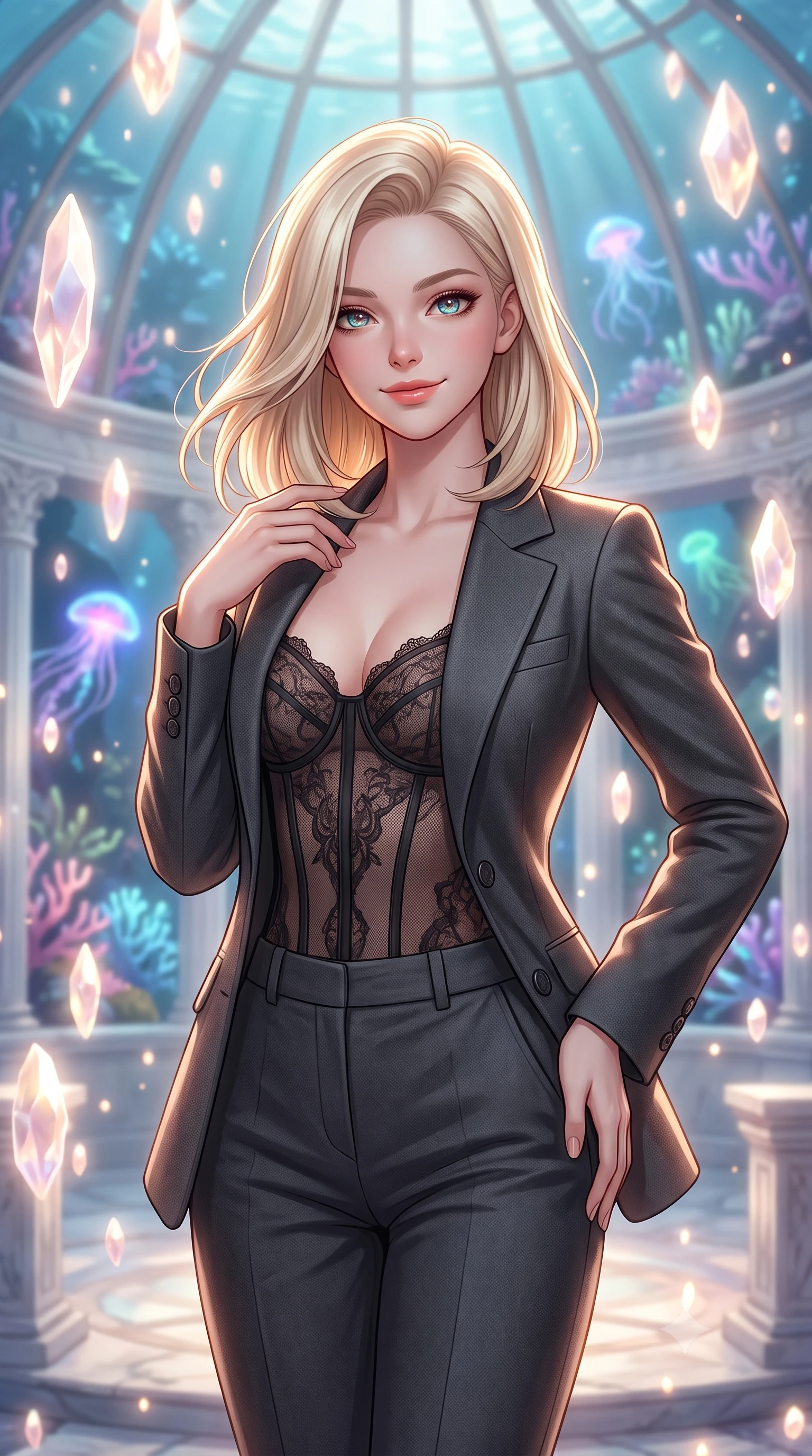 score_9, masterpiece, best quality, ultra-detailed, high-budget anime keyframe, editorial fashion photography, tasteful artistic composition, Caucasian woman, strictly human ears. close-up cowboy shot from the waist and thighs up, the character dominates the composition, filling the frame with her large presence, background elements kept in soft focus. Casting a soft, warm, affectionate smile with glowing eyes. set against a soft-focus background of inside a submerged ancient white marble conservatory under a giant underwater glass dome, filled with glowing corals and neon sea creatures. She has an exceptionally elegant, slender, and willowy female figure with a highly-defined ultra-slim waist, a gracefully sculpted slender torso, and a refined slim-fit silhouette that contours her form. sharp v-shaped jawline, high-bridge nose, intricate jewel-like eyes with depth, thick eyelashes, glossy lips with a natural sheen. wearing a tailored grey wool blazer over a sheer black lace corset top, paired with charcoal tailored slacks. ethereal pearlescent light emanating from floating crystalline formations all around. 2k, ultra detail, master piece, 9:16 ratio